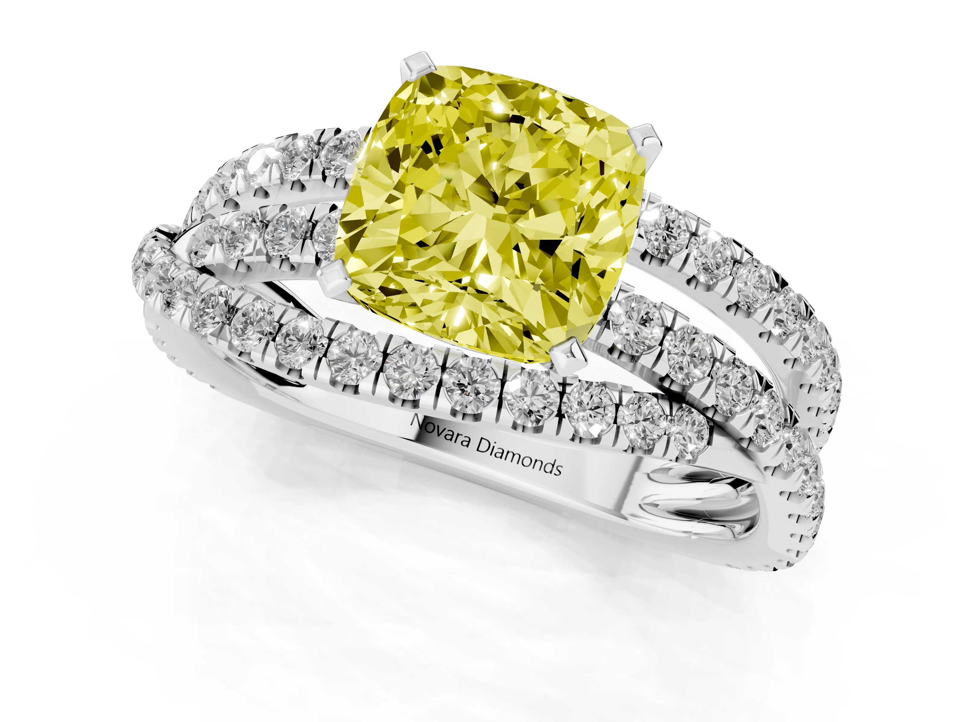 Fancy Yellow Cushion Cut Diamond Solitaire Twist Band Ring Set in Silver with Pavé Setting and Prong Head