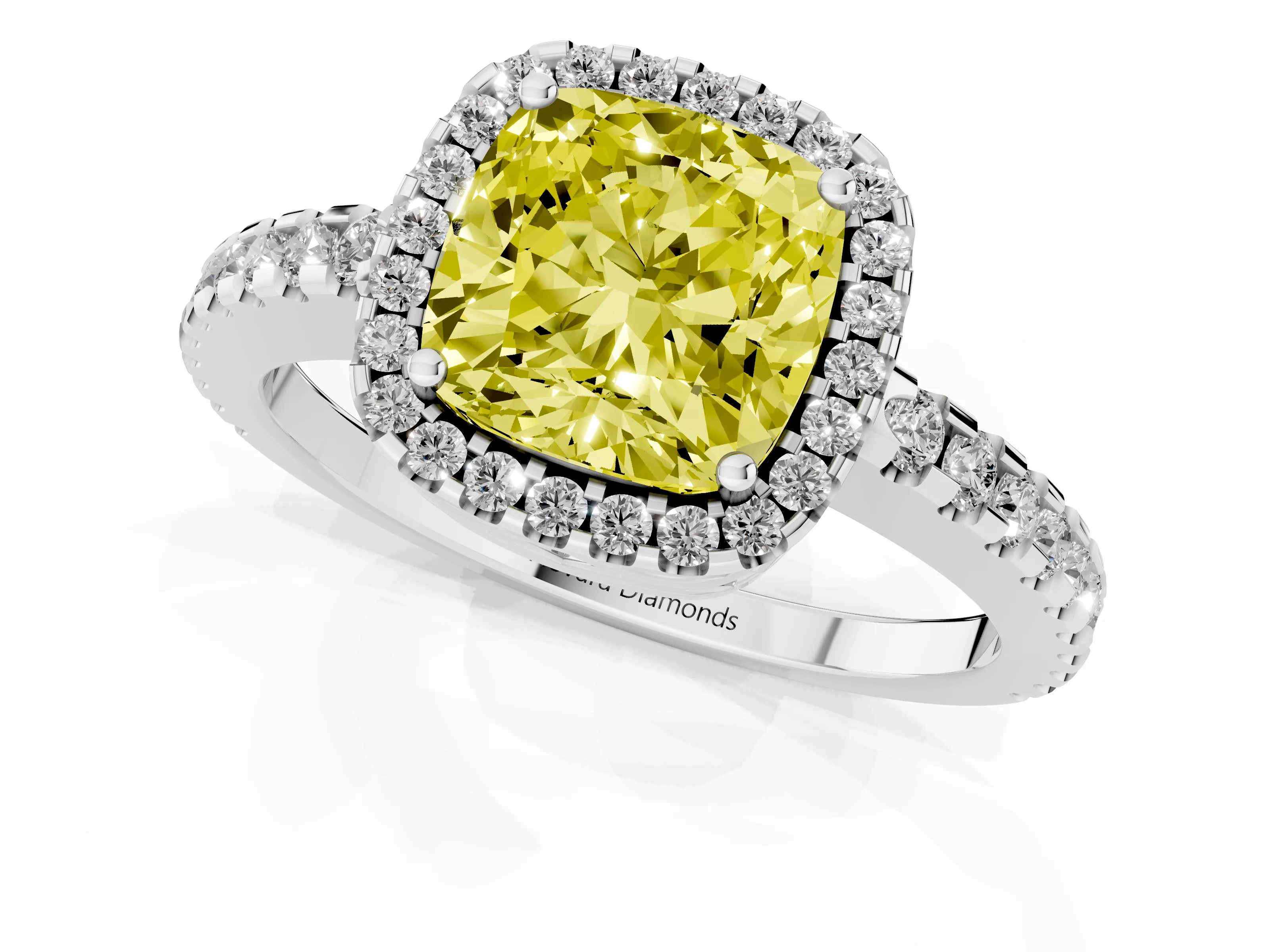 Fancy Yellow Cushion Cut Diamond Halo Ring Set in Silver with Pavé Shoulders and Halo-Framed Center