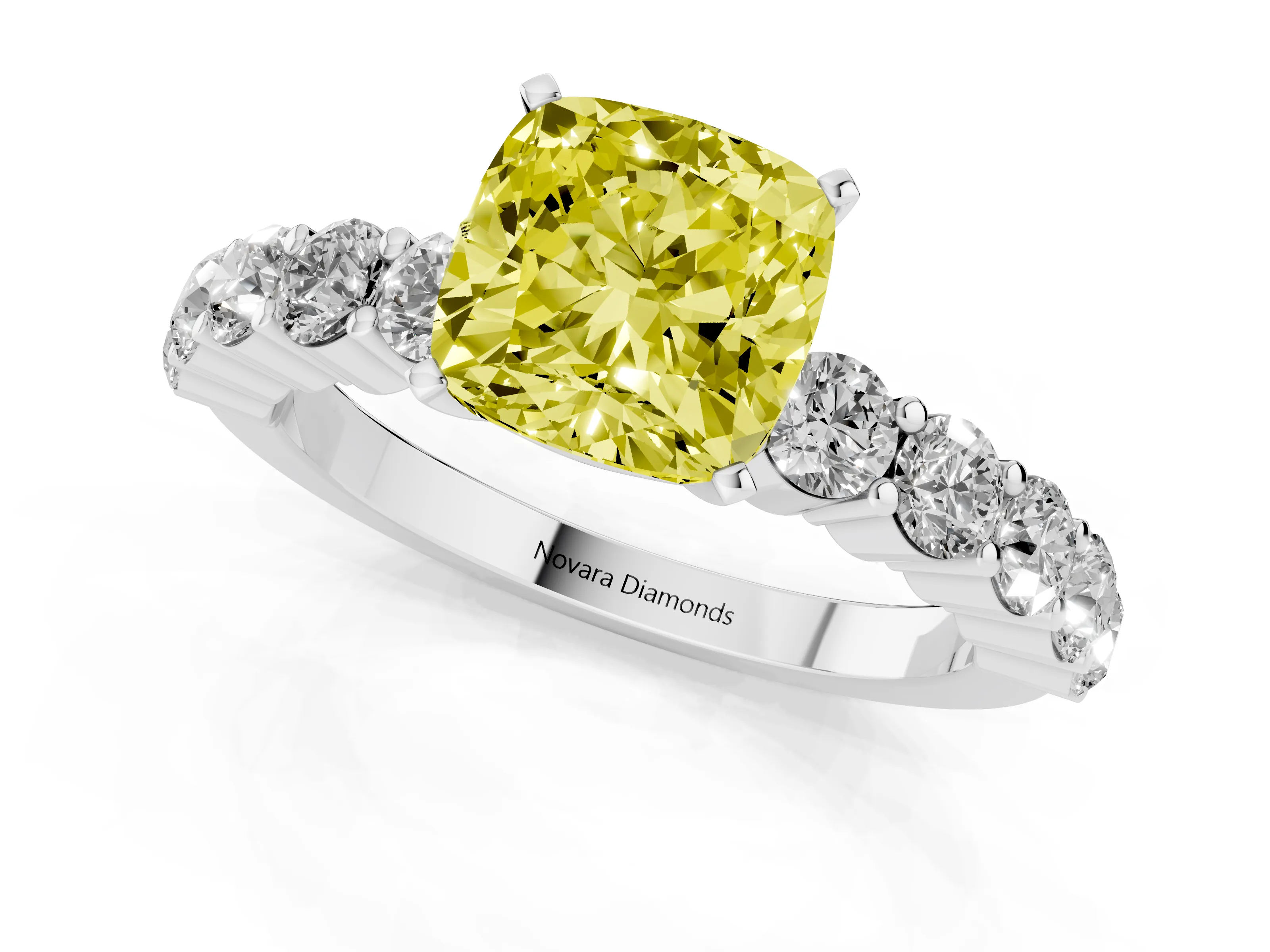 Fancy Yellow Cushion Cut Diamond Solitaire Ring Set in Silver with Shared Prong Round Side Stones