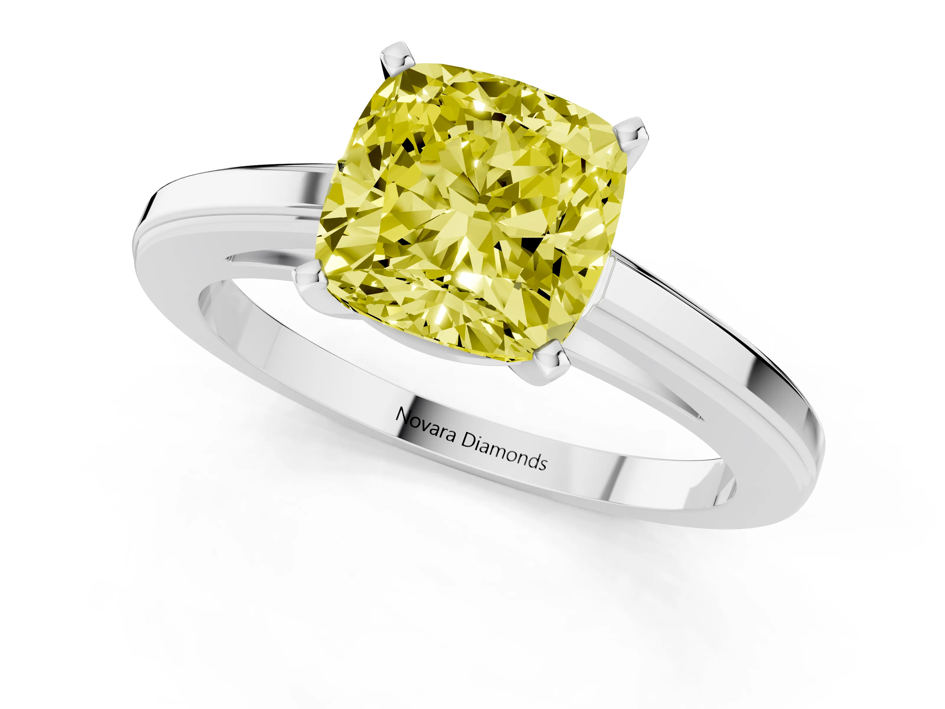 Fancy Yellow Cushion Cut Diamond Solitaire Ring Set in White gold with Prong Setting and Classic Band