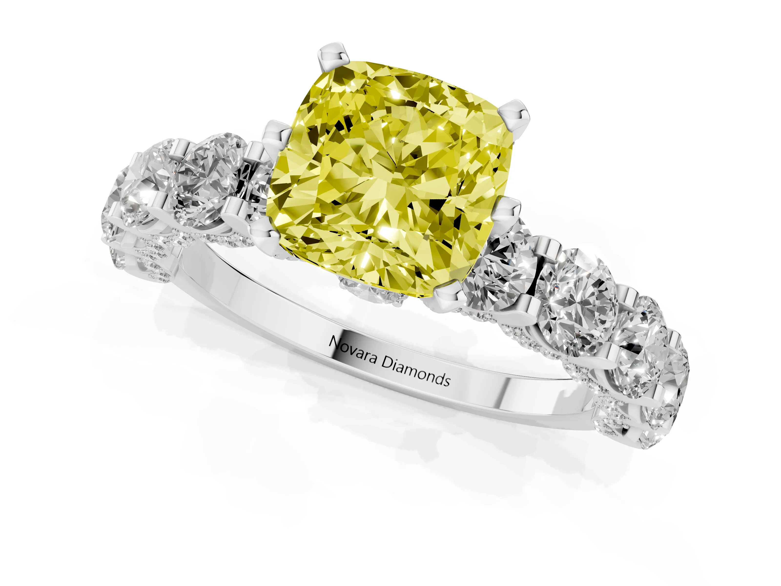 Fancy Yellow Cushion Cut Diamond Side Stone Ring Set in Silver with Alternating Round and Oval Side Stones