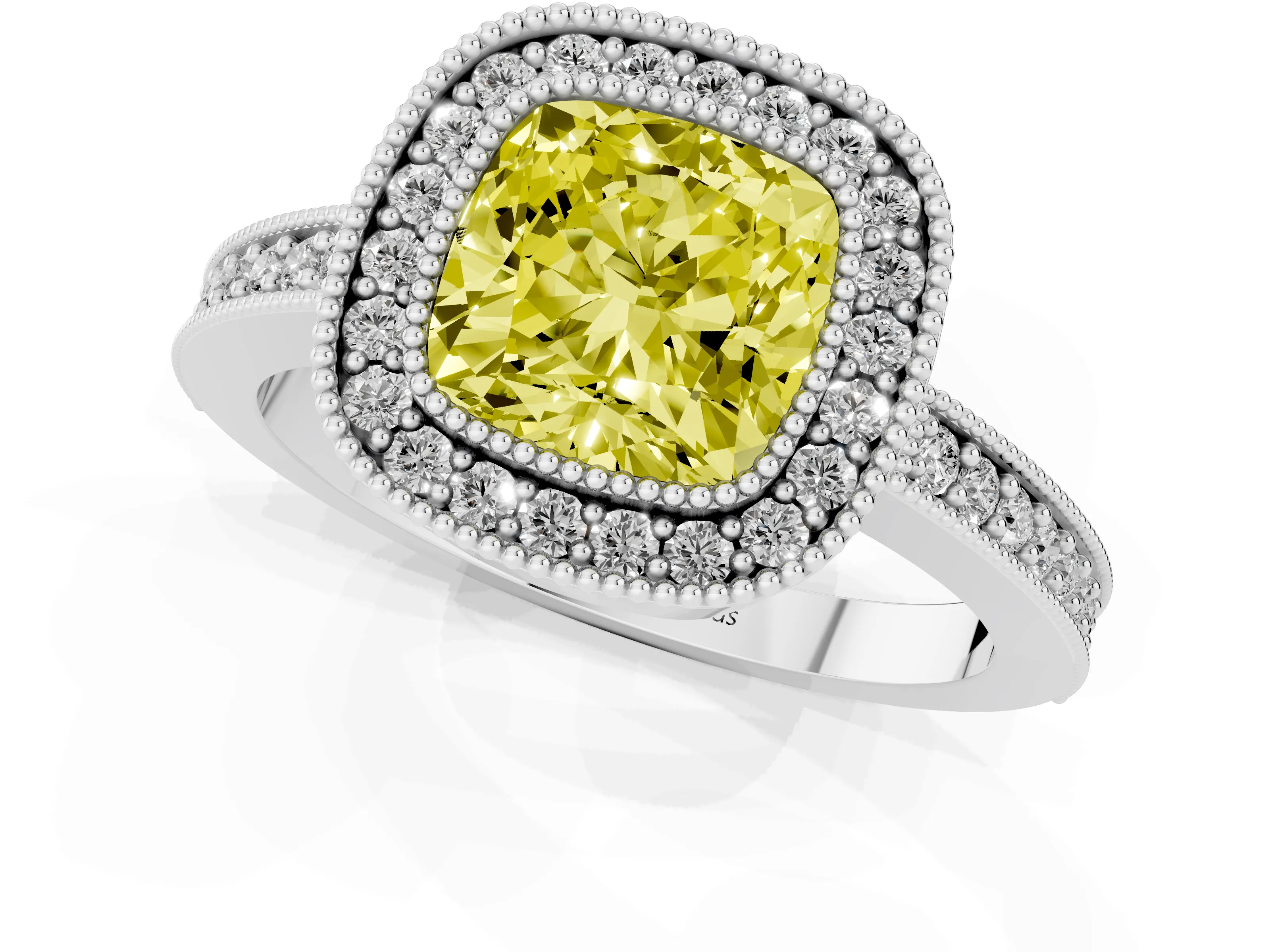 Fancy Yellow Cushion Cut Diamond Halo Engagement Ring Set in White gold with Pavé Band and Round Halo Stones