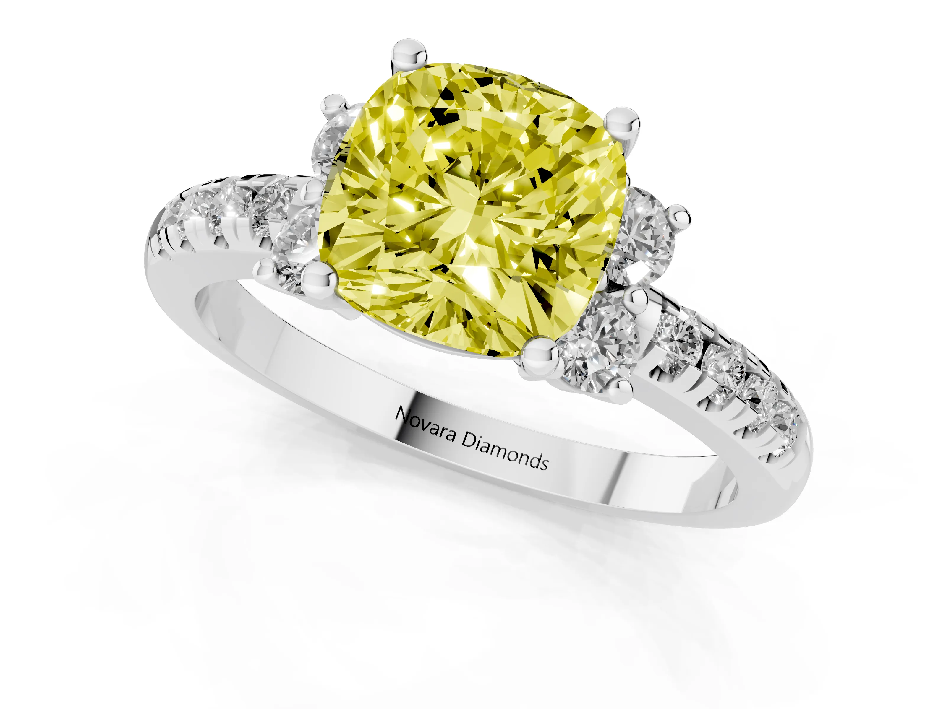 Fancy Yellow Cushion Cut Diamond Three-Stone Pavé Ring Set in Silver with Prong Setting