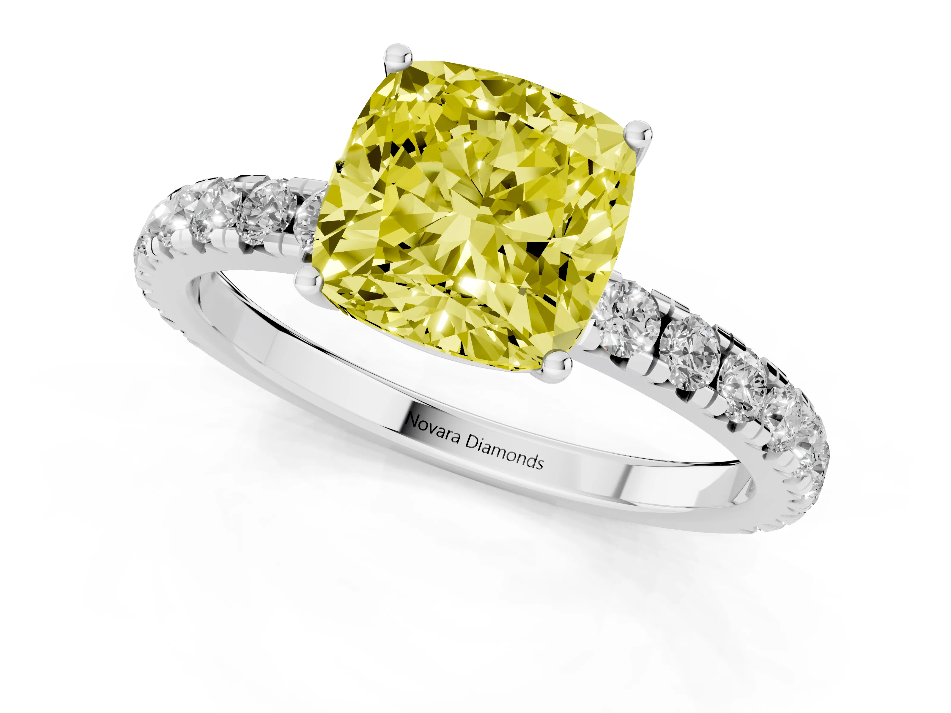 Fancy Yellow Cushion Cut Diamond Pavé Solitaire Engagement Ring Set in White gold with Prong Setting