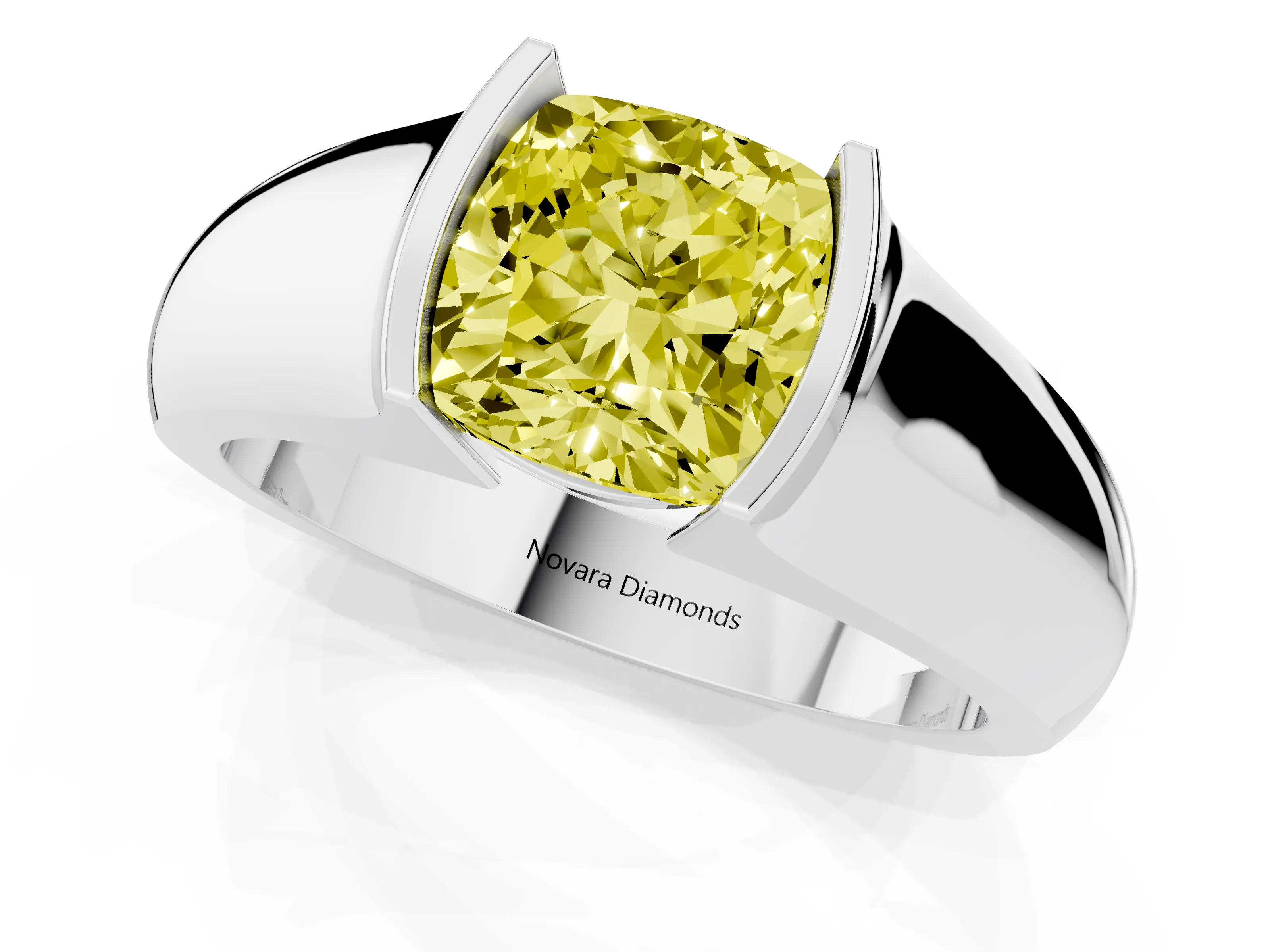 Fancy Yellow Cushion Cut Diamond Bezel Solitaire Ring Set in White gold with Wide Band