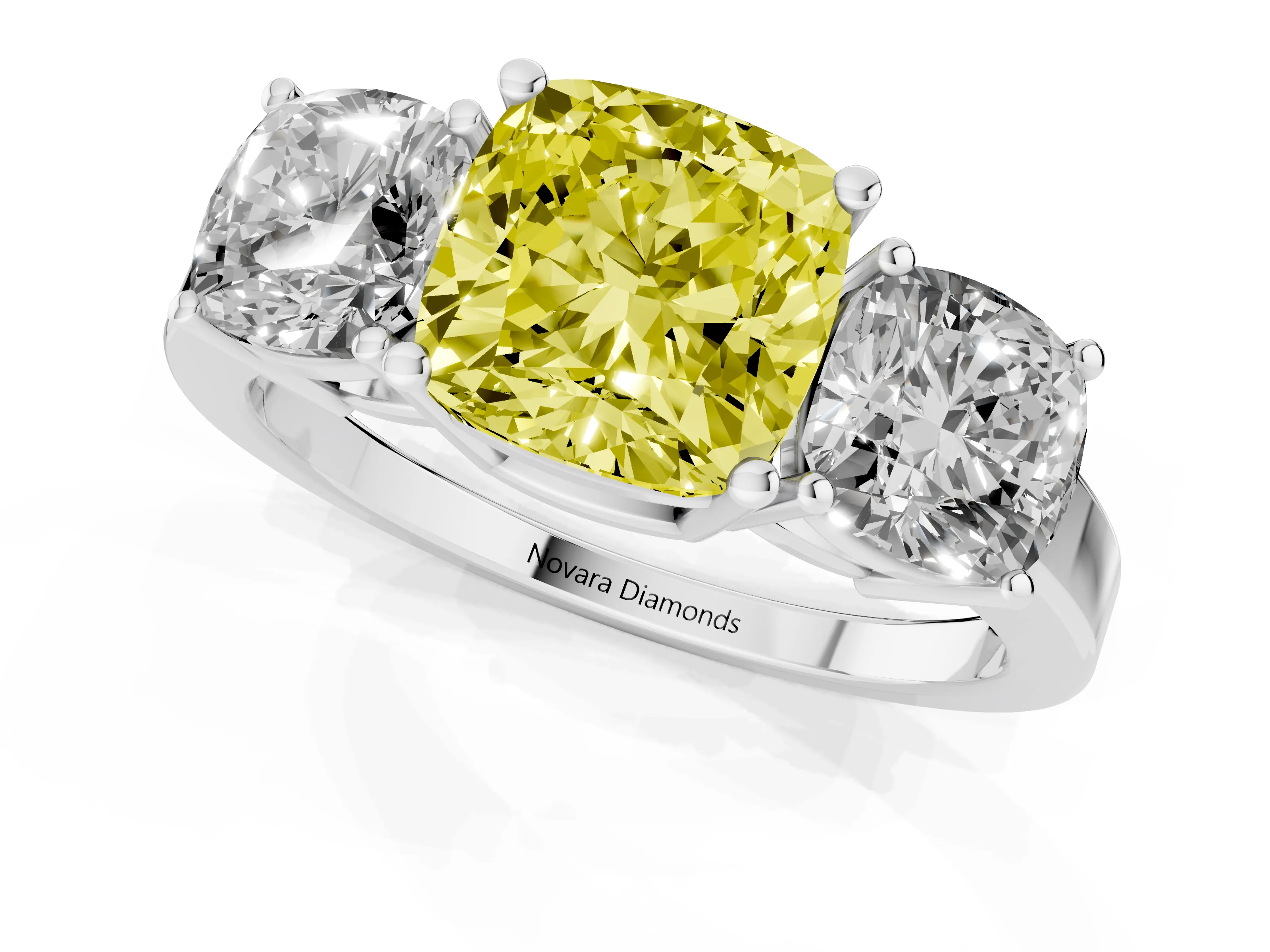 Fancy Yellow Cushion Cut Diamond Three-Stone Engagement Ring Set in Platinum with Flat Band