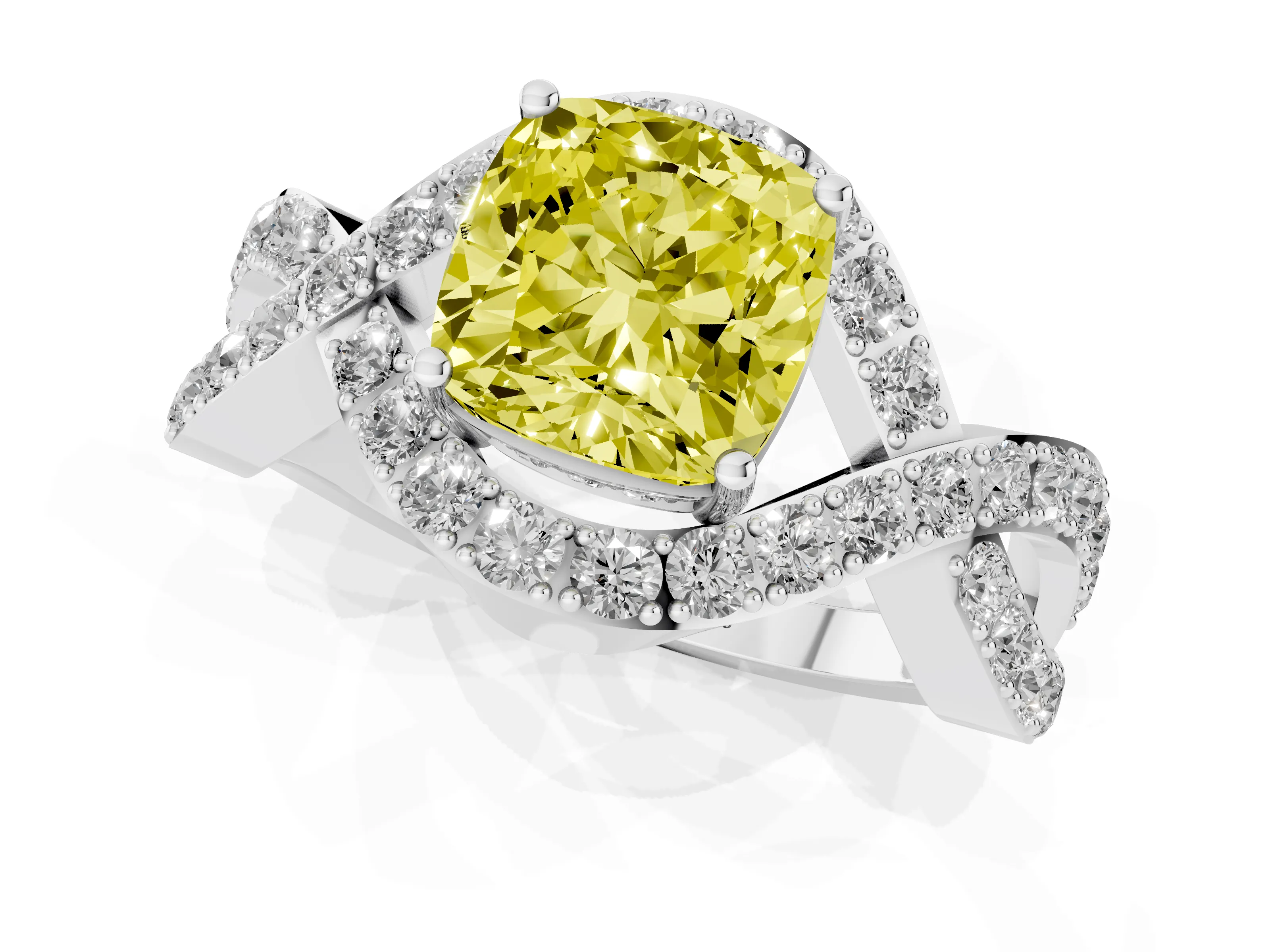 Fancy Yellow Cushion Cut Diamond Solitaire Twist Band Pavé Engagement Ring Set in White gold