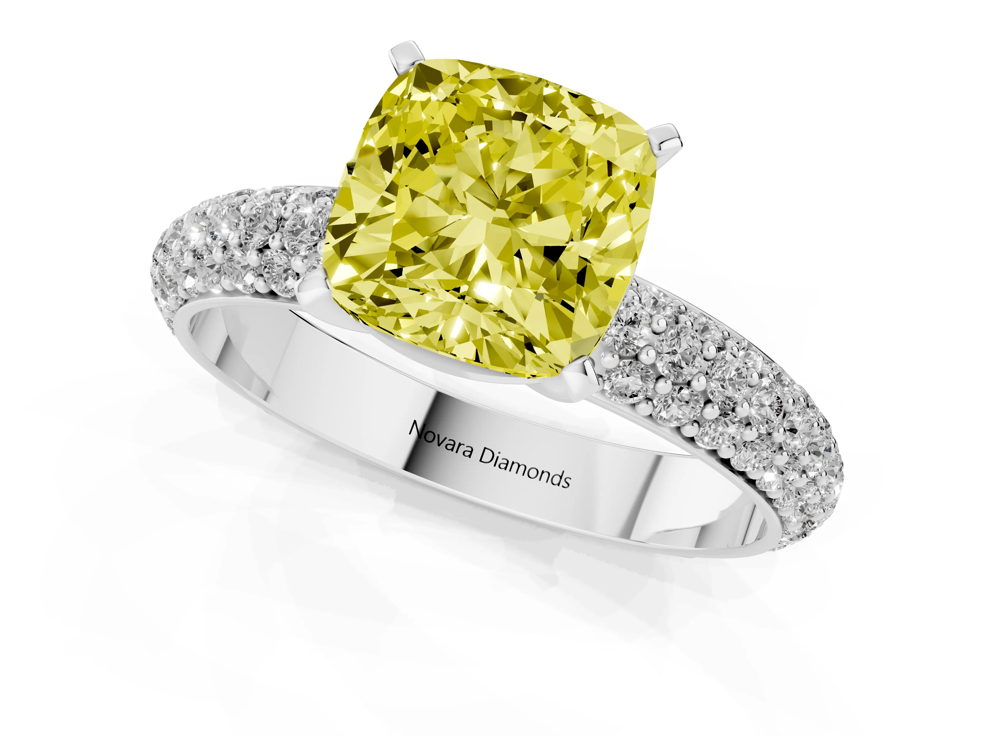 Fancy Yellow Cushion Cut Diamond Solitaire Ring Set in White gold with Prong Setting and Pavé-Set Band