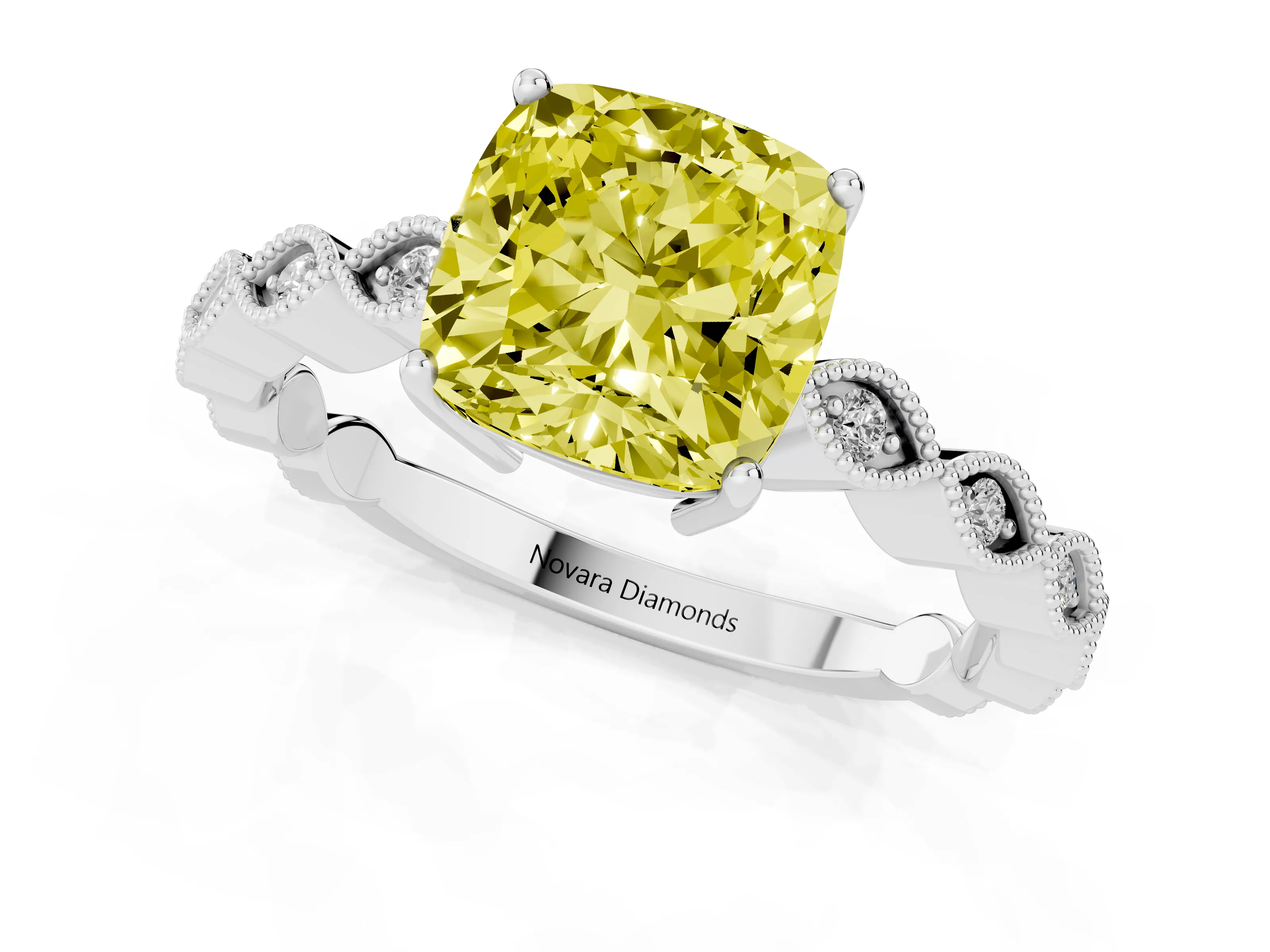 Fancy Yellow Cushion Cut Diamond Solitaire Ring Set in White gold with Infinity Twist Pavé Band