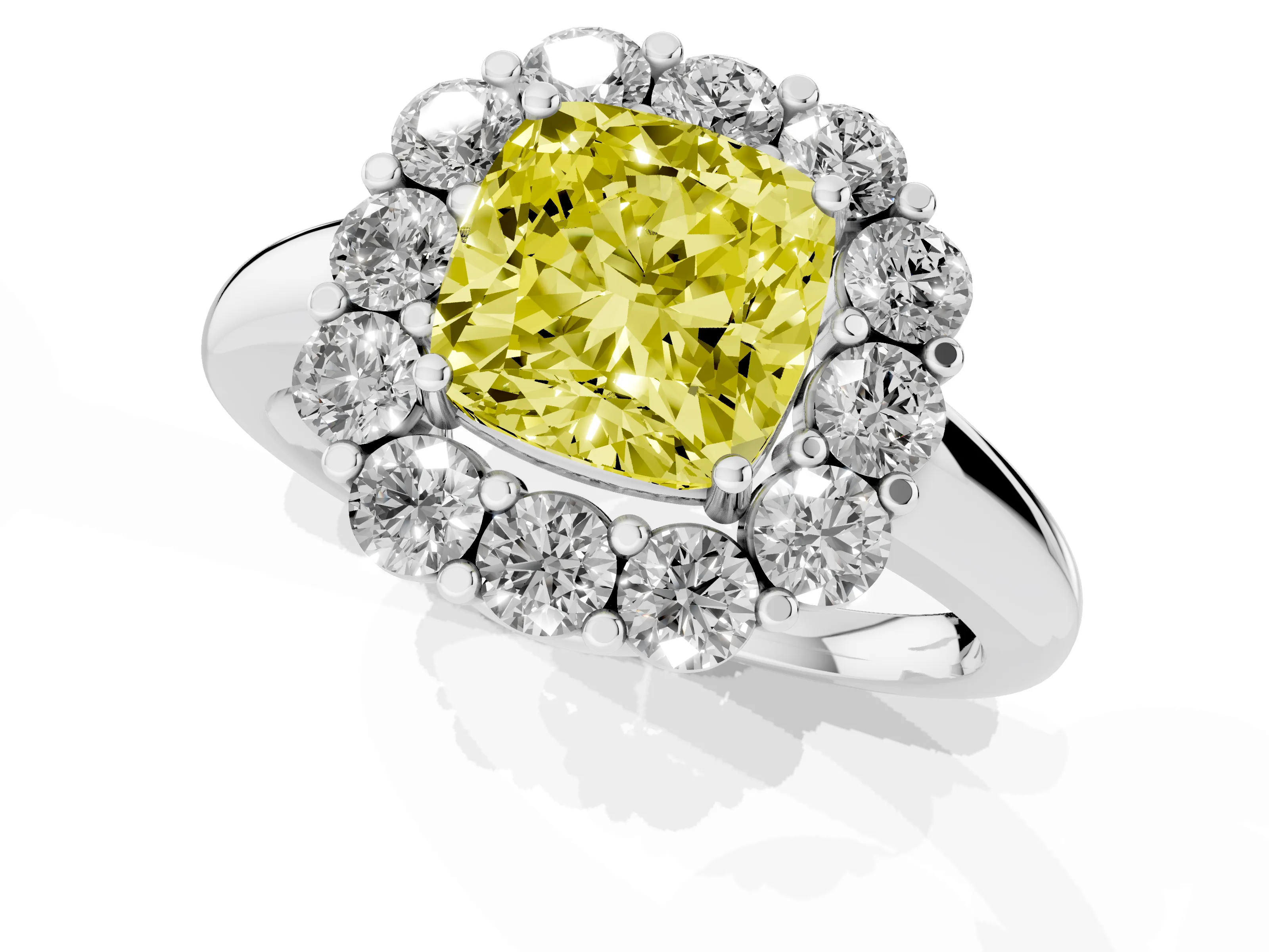 Fancy Yellow Cushion Cut Diamond Halo Cluster Engagement Ring Set in Platinum with Polished Band and Prong Setting