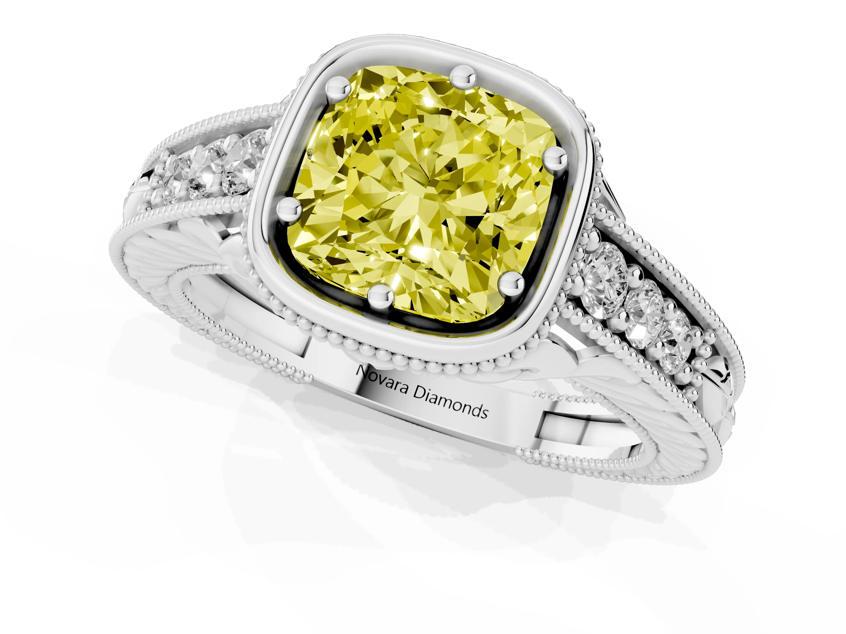 Fancy Yellow Bezel Set Cushion Cut Diamond Milgrain Pavé Engagement Ring Set in White gold