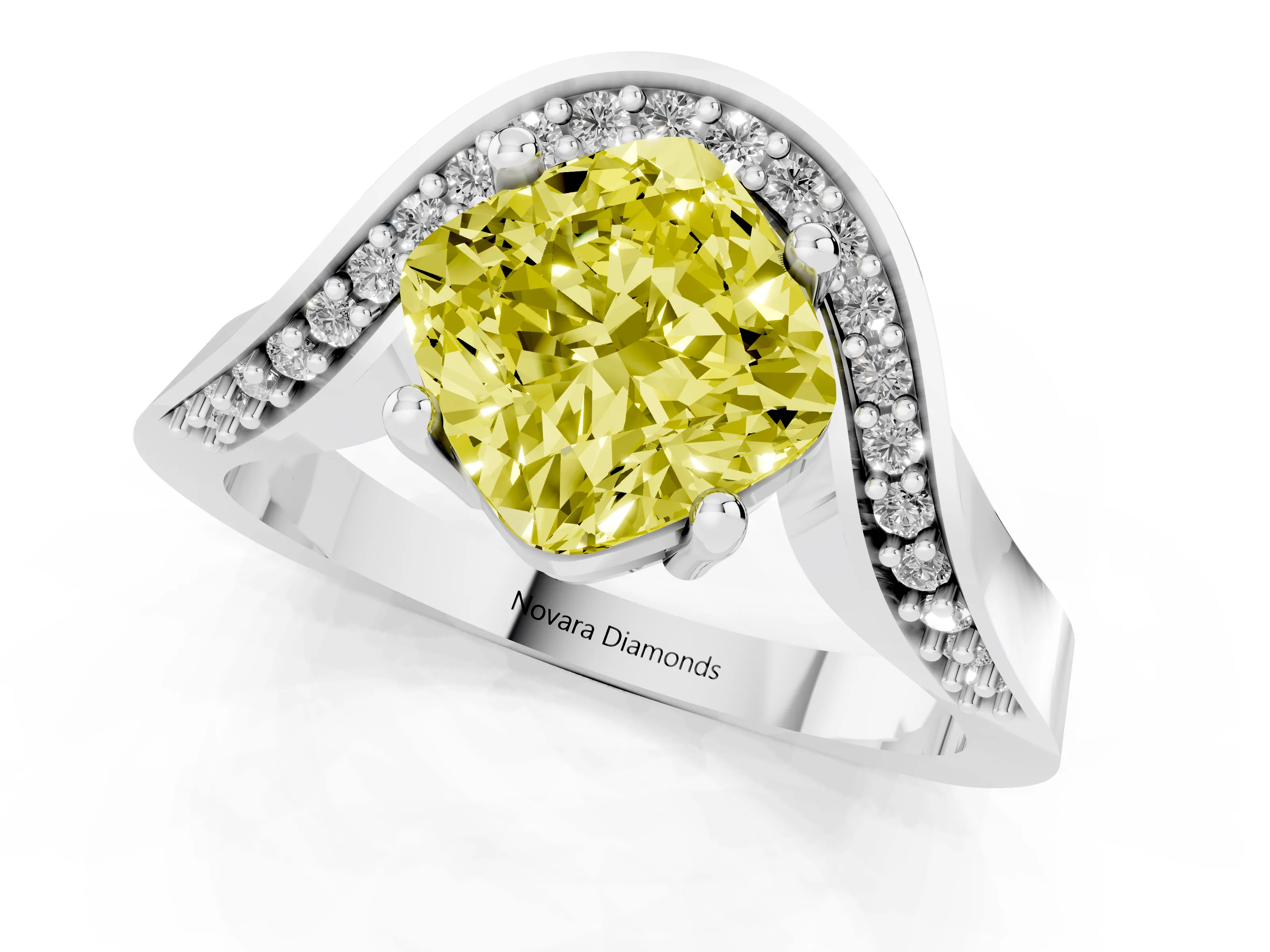 Fancy Yellow Cushion Cut Diamond Solitaire Engagement Ring Set in Silver with Pavé Shoulders