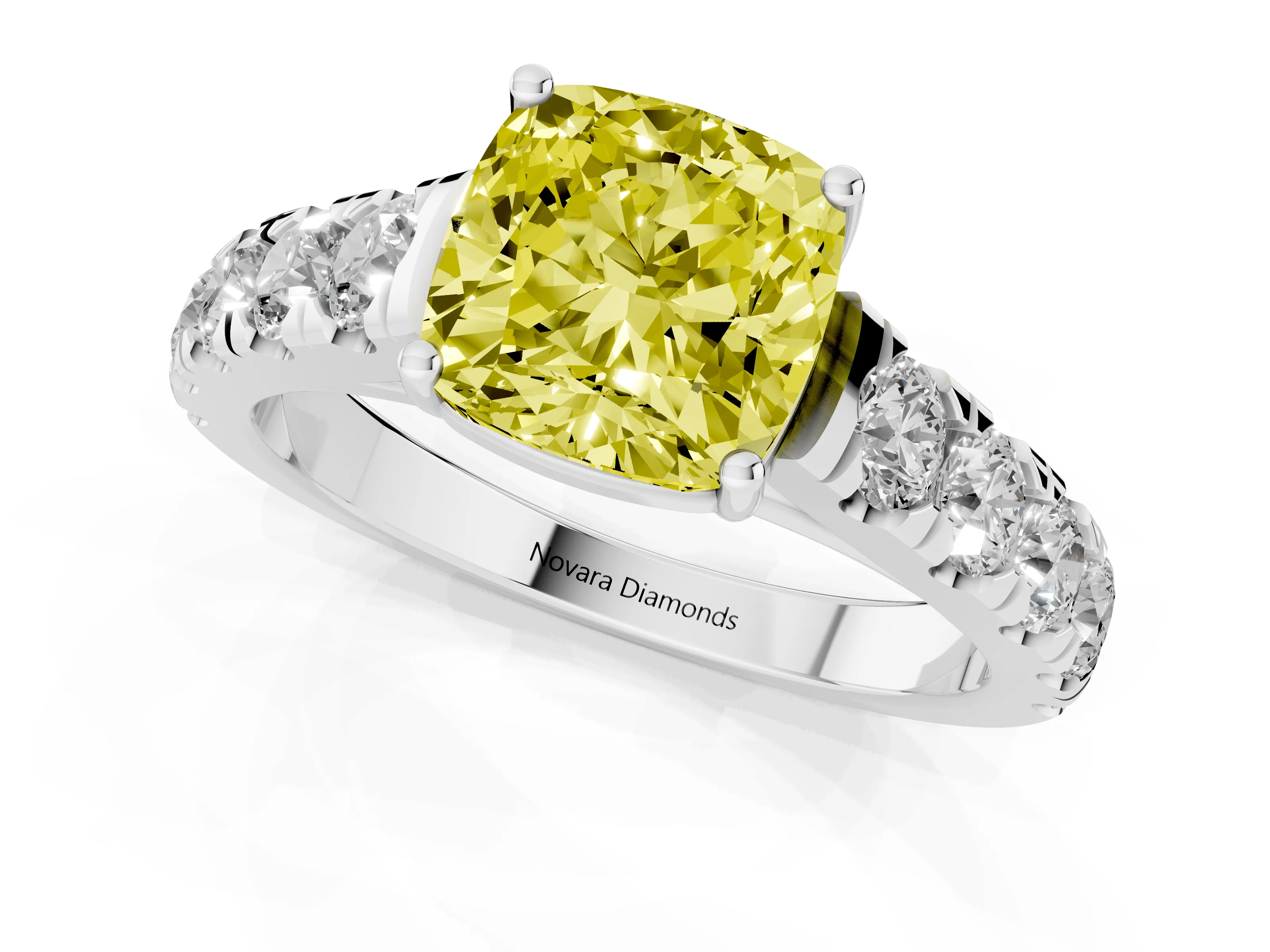 Fancy Yellow Cushion Cut Diamond Solitaire Ring Set in Platinum with Cut-Down Micro Pavé Band and Prong Setting