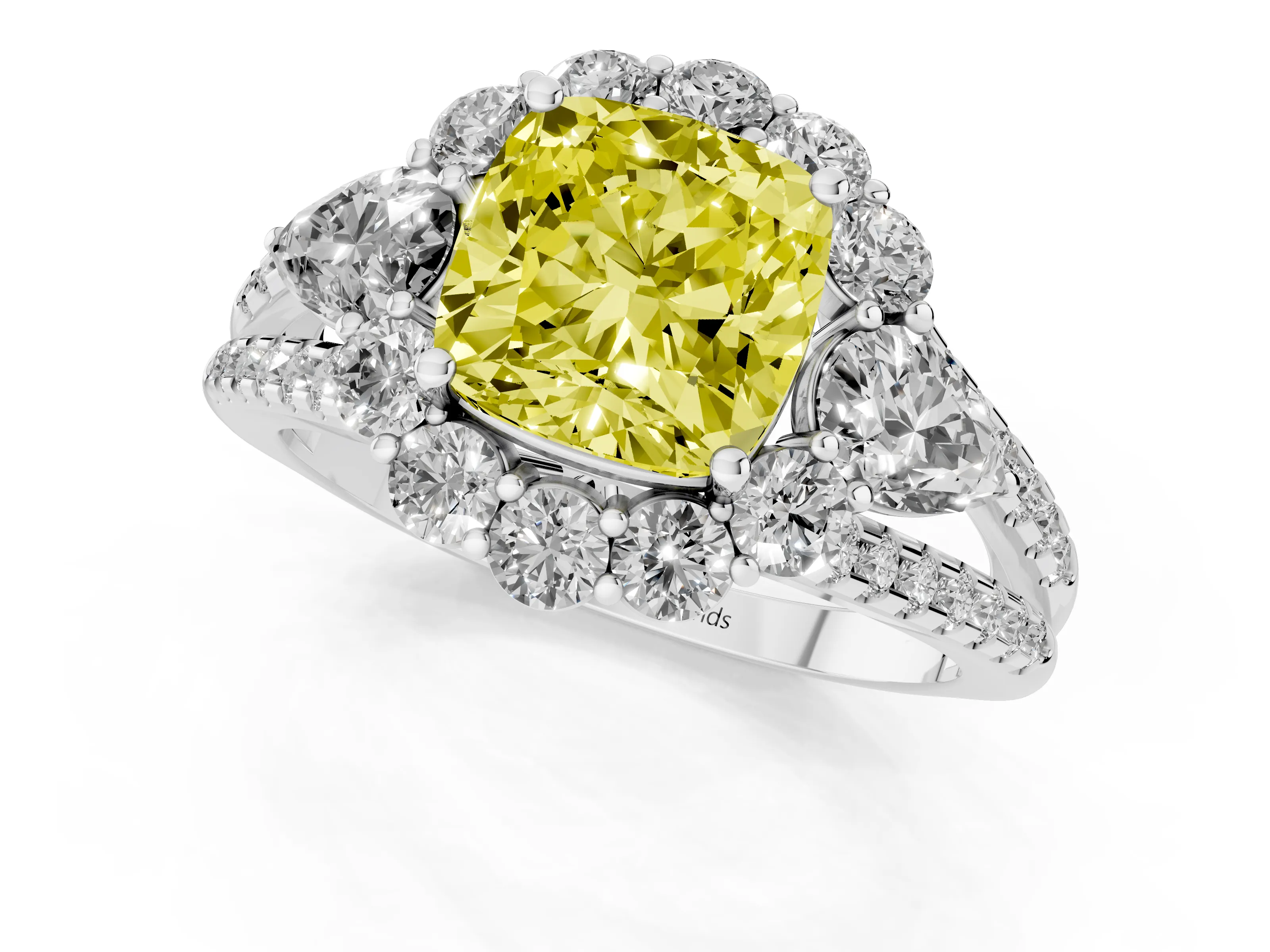 Fancy Yellow Cushion Cut Diamond Halo Split Shank Engagement Ring Set in White gold with Prong-Held Center Stone