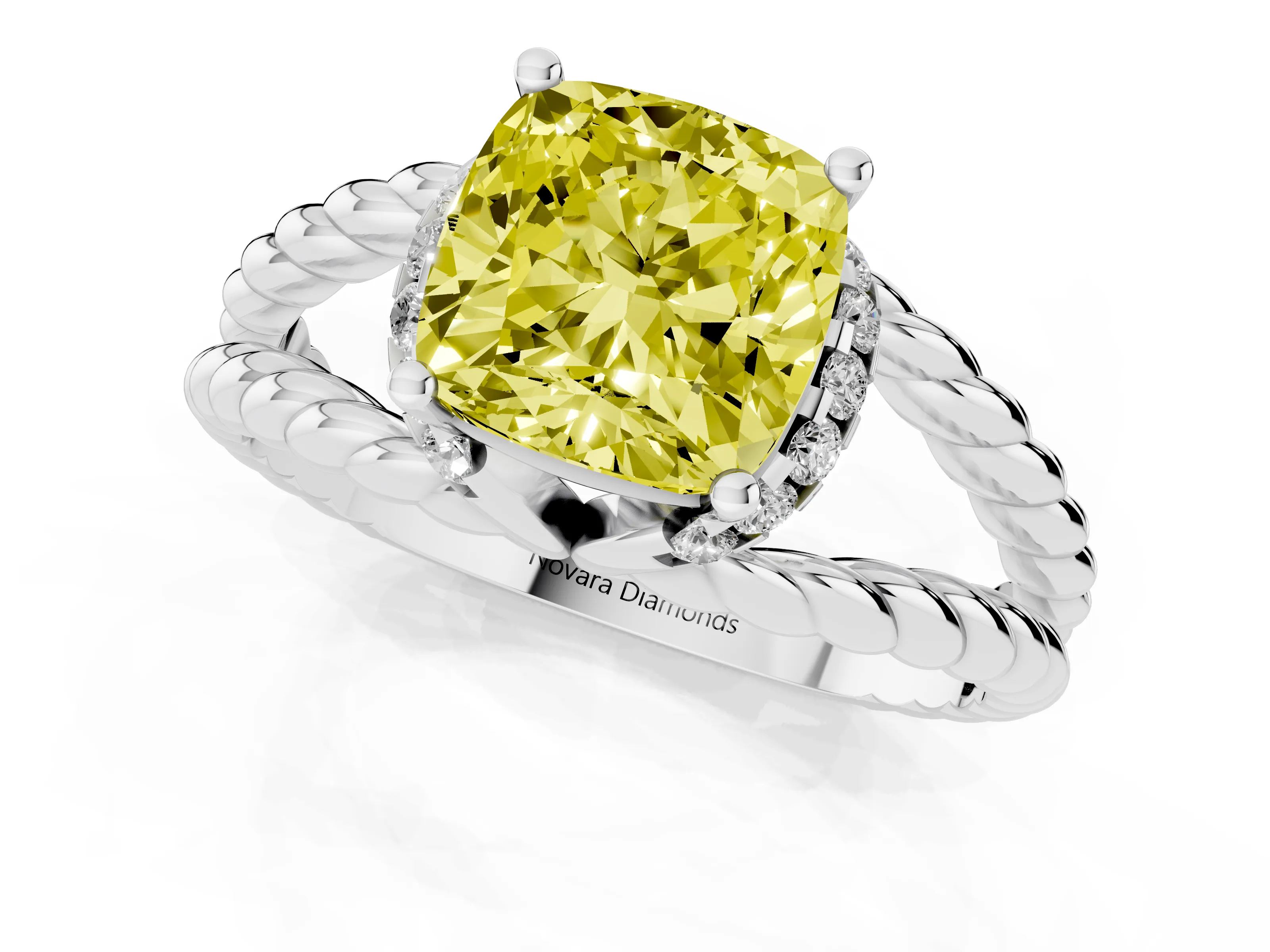 Fancy Yellow Cushion Cut Diamond Halo Ring Set in White gold with Twisted Band and Prong Setting
