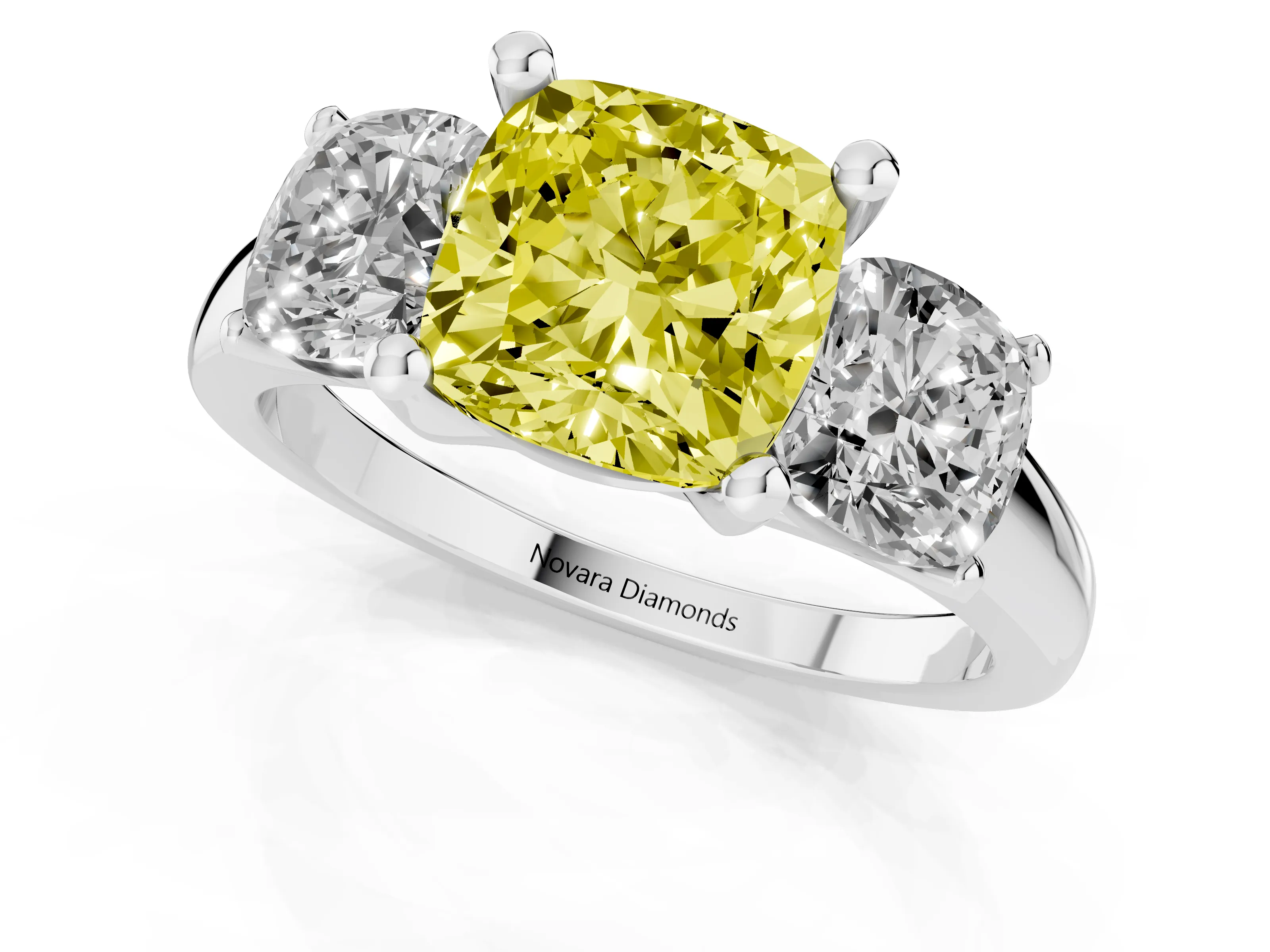 Fancy Yellow Cushion Cut Diamond Three-Stone Ring Set in White gold with Classic Prong Setting and Plain Band
