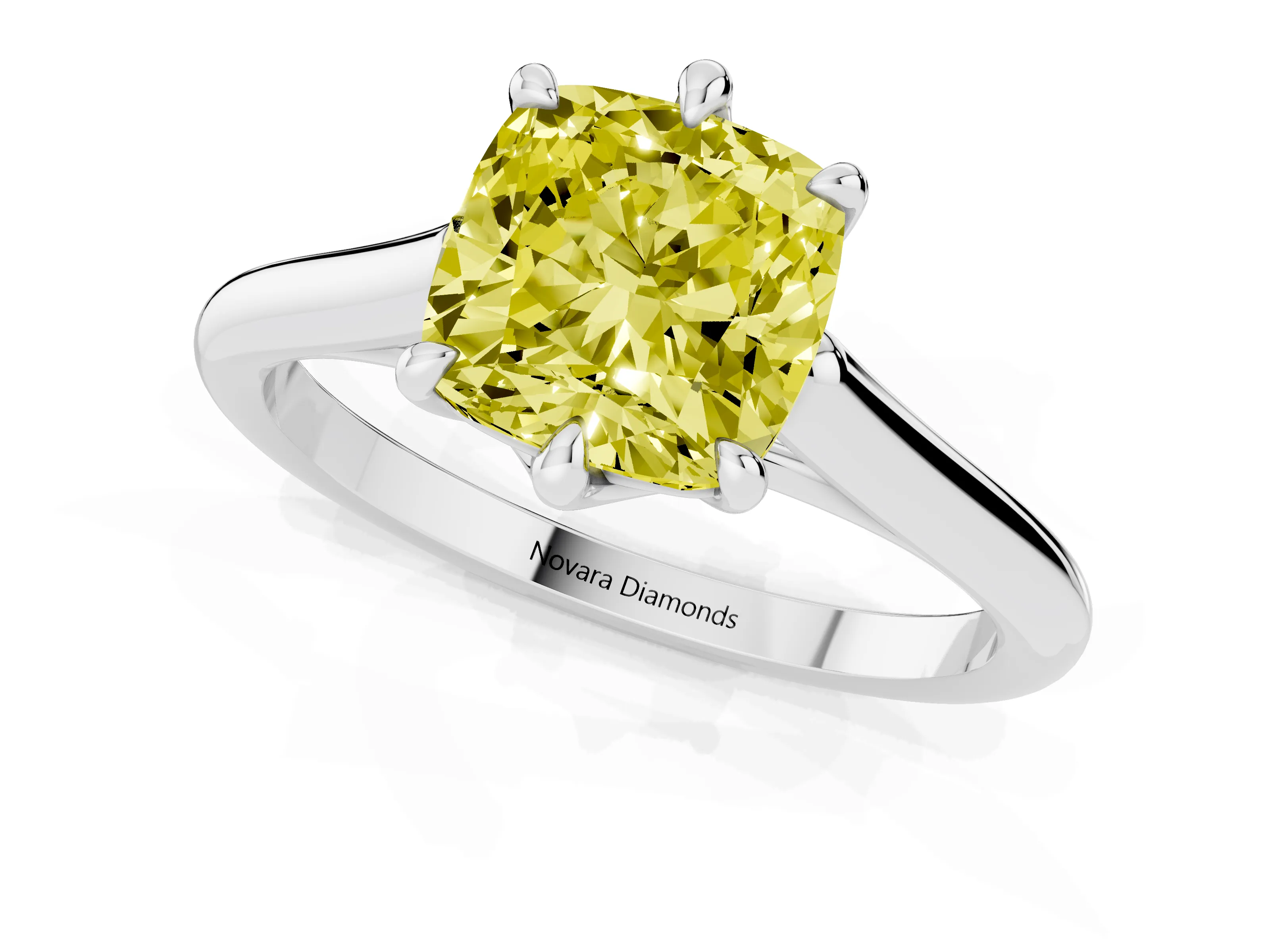 Fancy Yellow Cushion Cut Diamond Solitaire Engagement Ring Set in Platinum with Prong Setting and Plain Classic Band