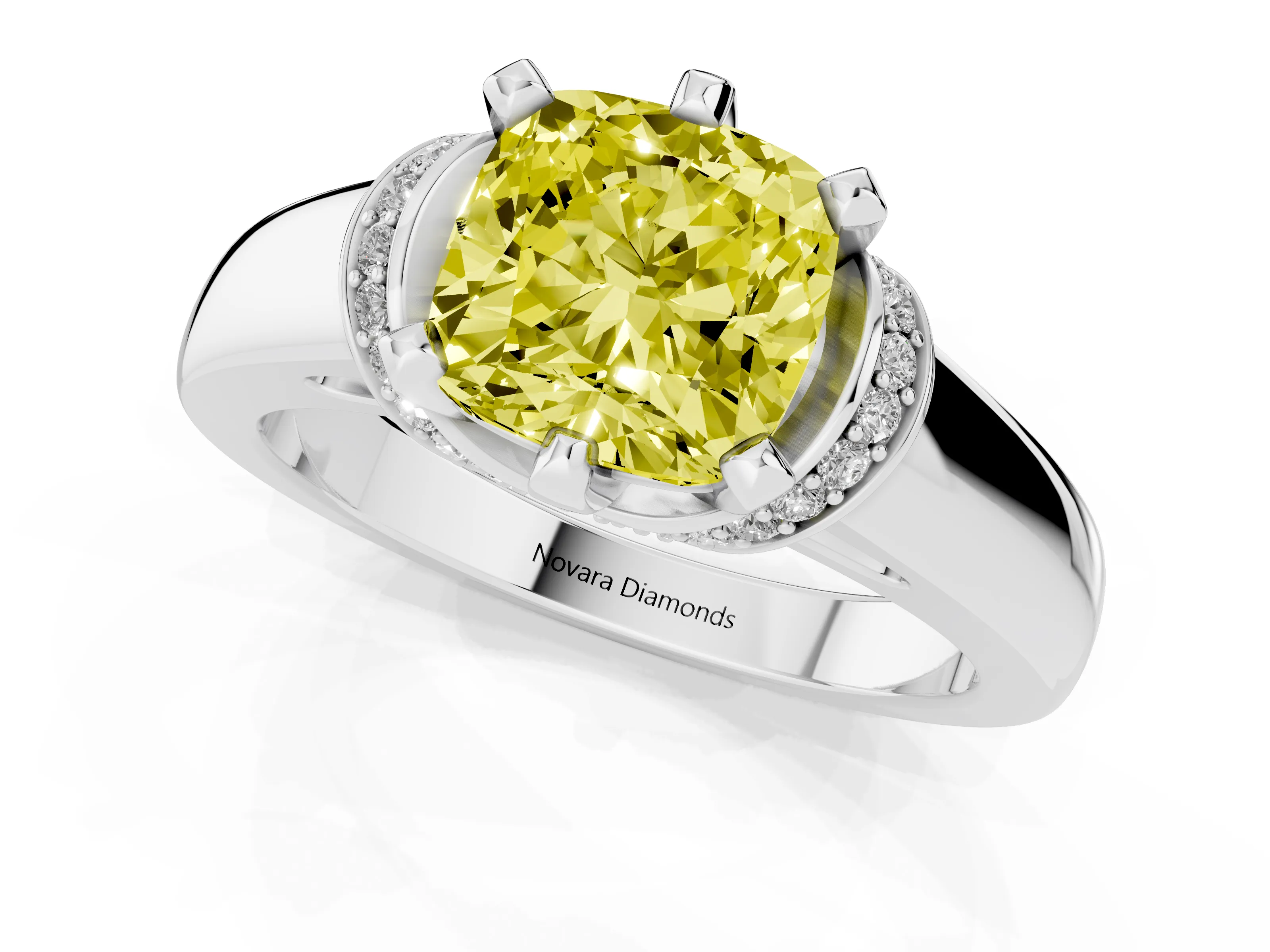 Fancy Yellow Cushion Cut Diamond Pavé Band Solitaire Ring Set in Silver with Prong Setting