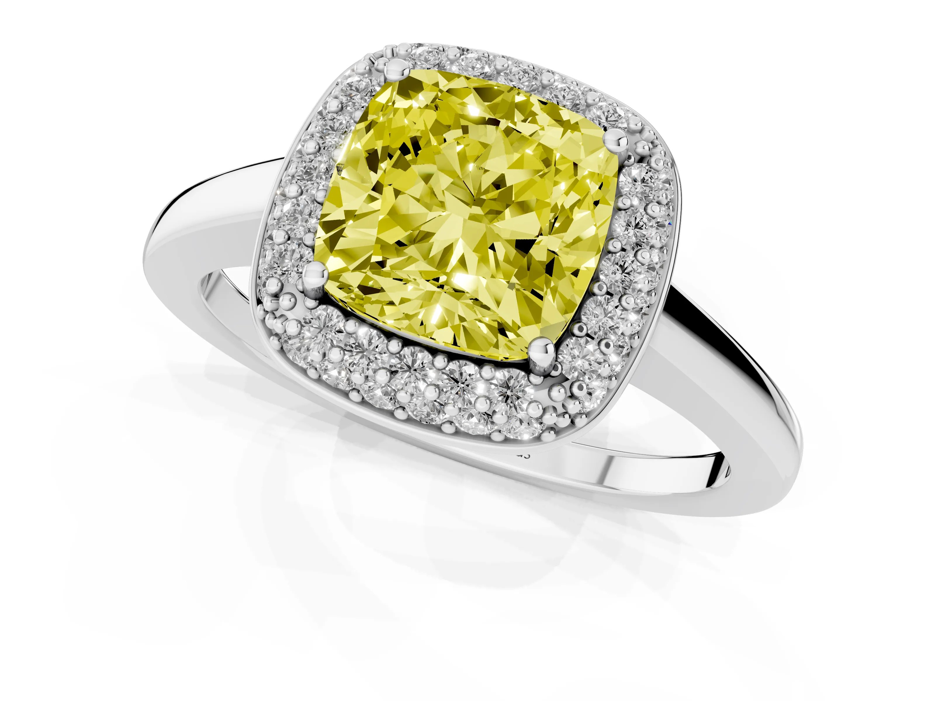 Fancy Yellow Cushion Cut Diamond Halo Engagement Ring Set in Platinum with Solitaire Band and Prong Setting