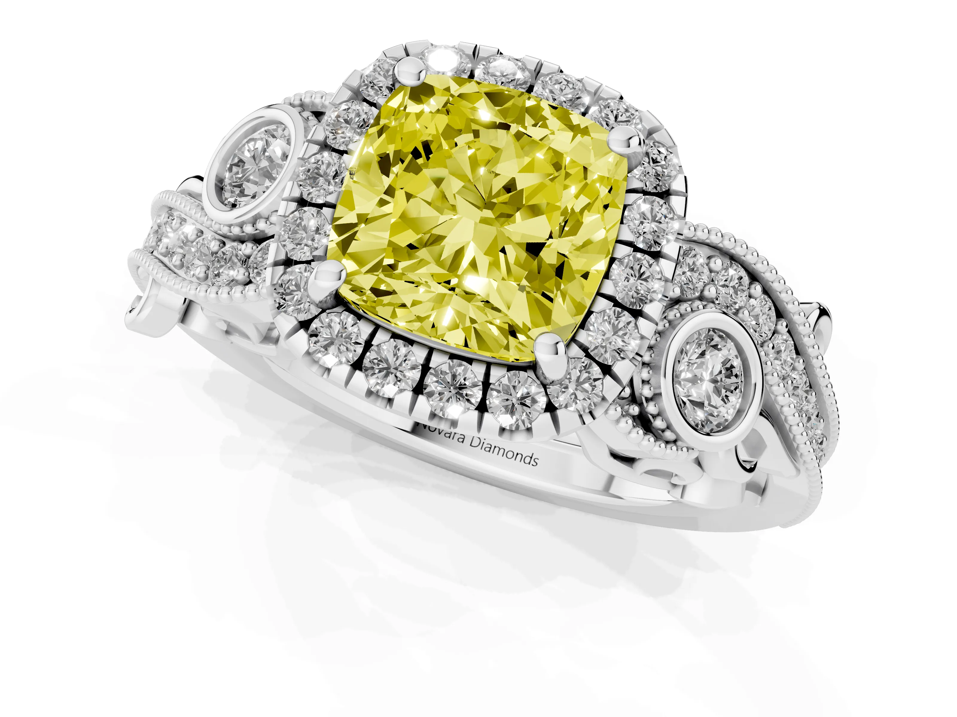 Fancy Yellow Cushion Cut Diamond Halo Ring Set in Platinum with Milgrain Pavé Band and Prong Setting