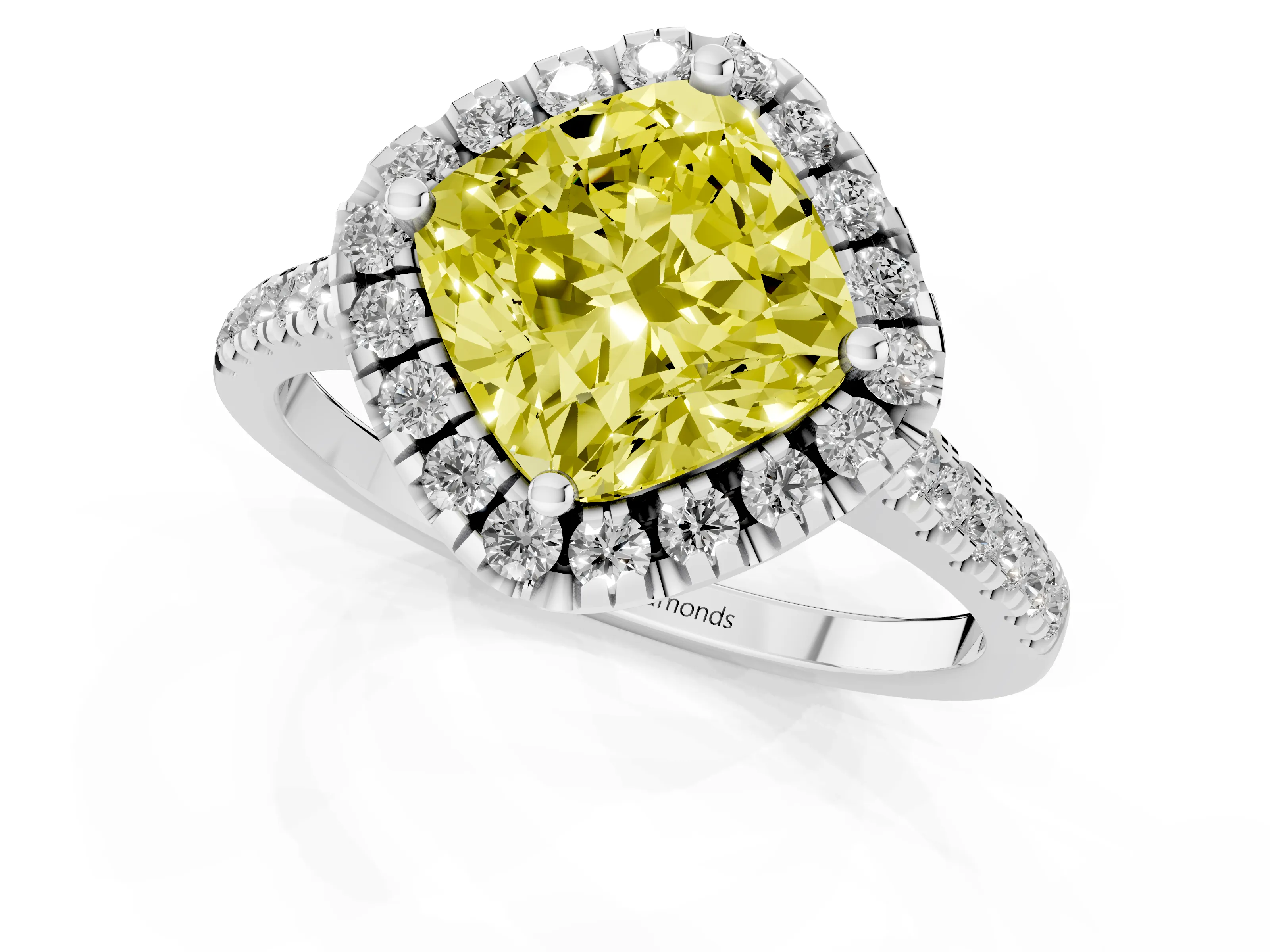 Fancy Yellow Cushion Cut Diamond Cushion Halo Ring Set in White gold with Pavé Band