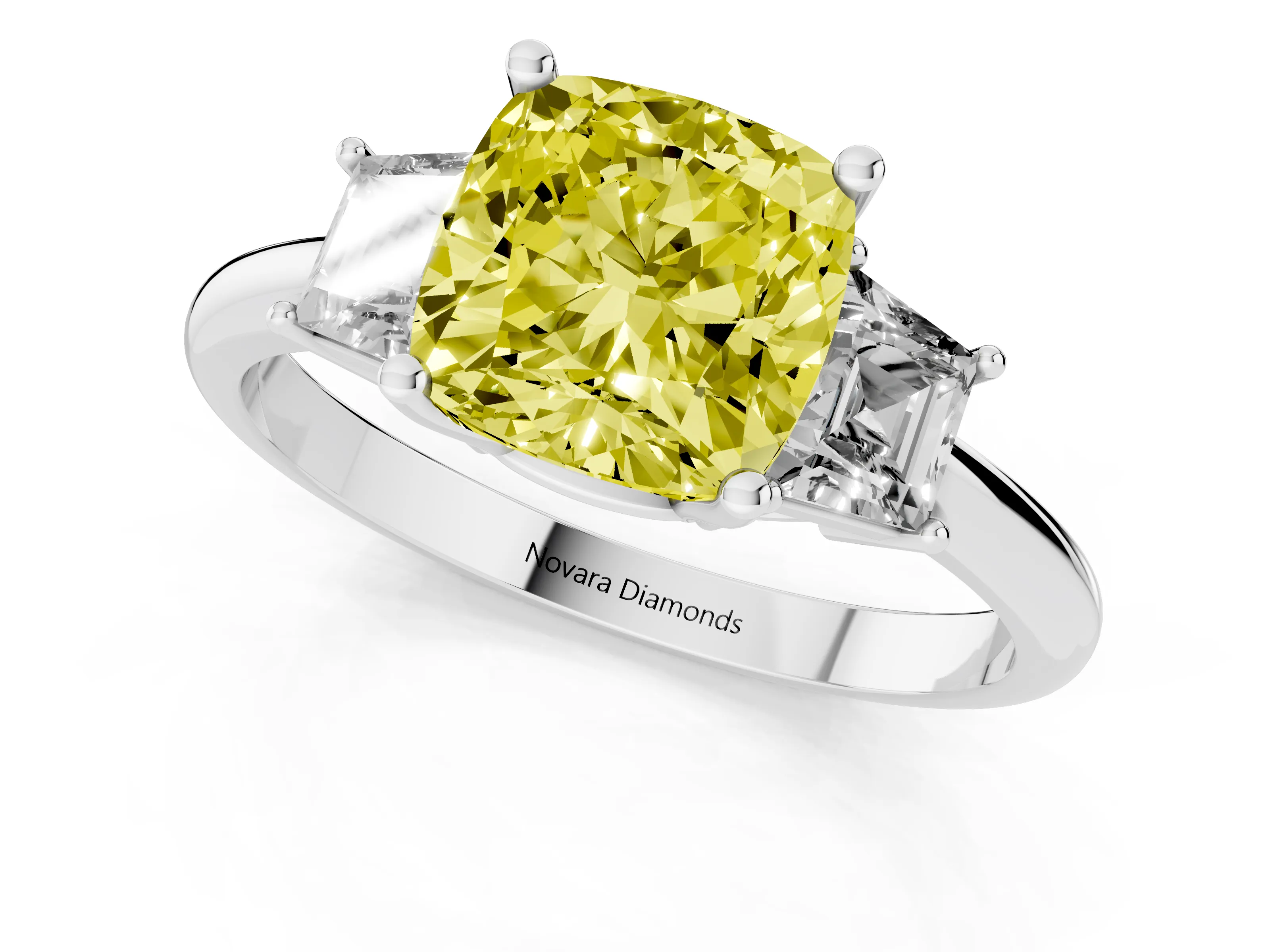 Fancy Yellow Cushion Cut Diamond Three-Stone Ring Set in Silver with Trapezoid Side Stones and Prong Setting