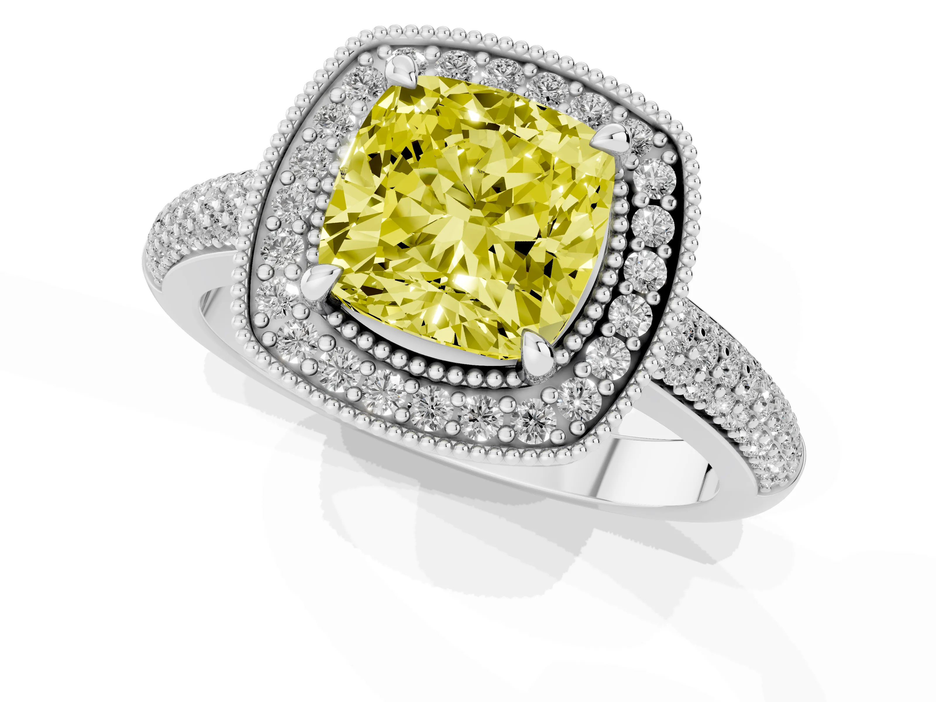 Fancy Yellow Cushion Cut Diamond Halo Pavé Band Set in Platinum with Prong Setting