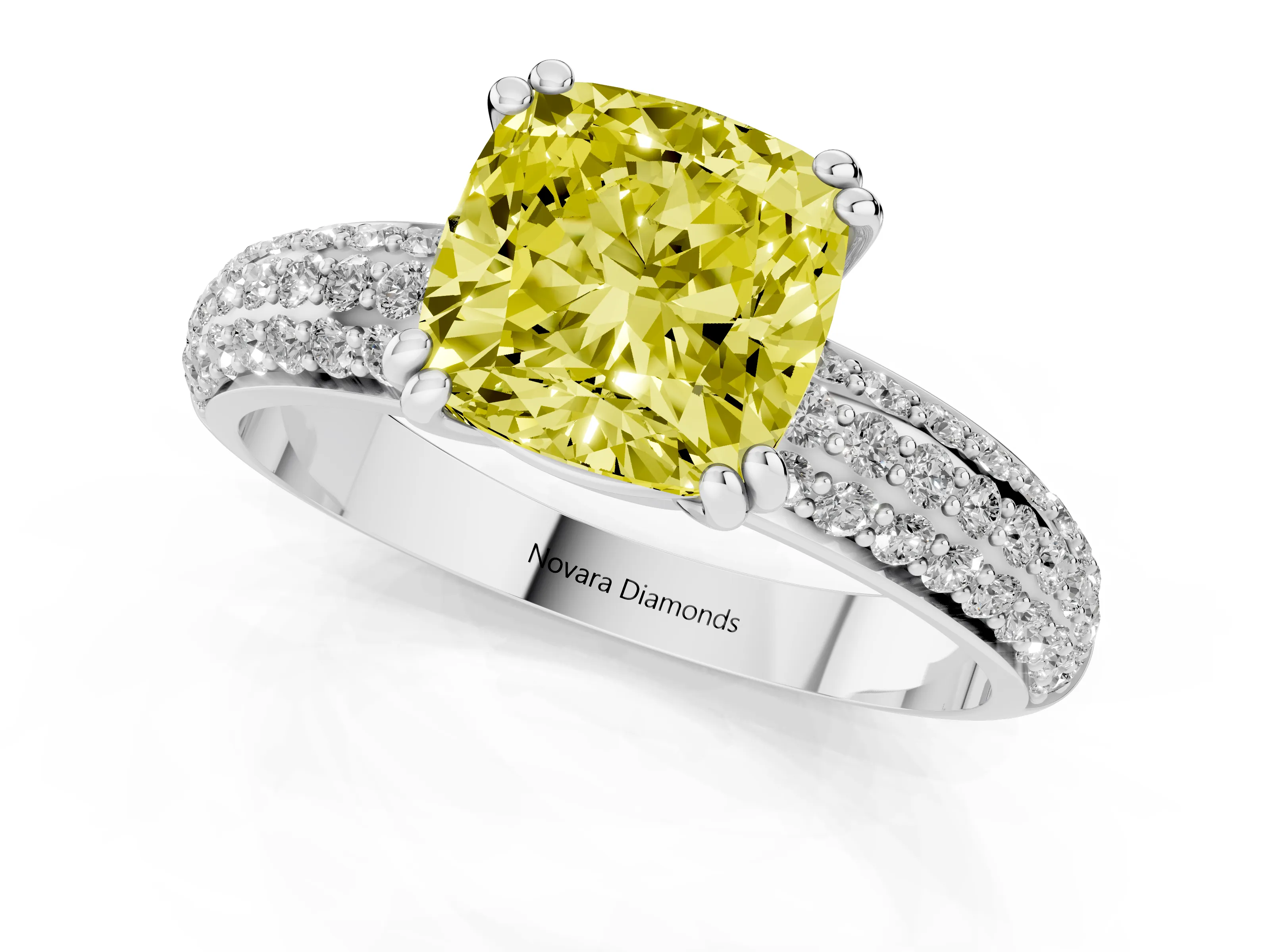 Fancy Yellow Cushion Cut Diamond Solitaire Ring Set in Platinum with Multi-Row Round Pavé Band and Prong Setting