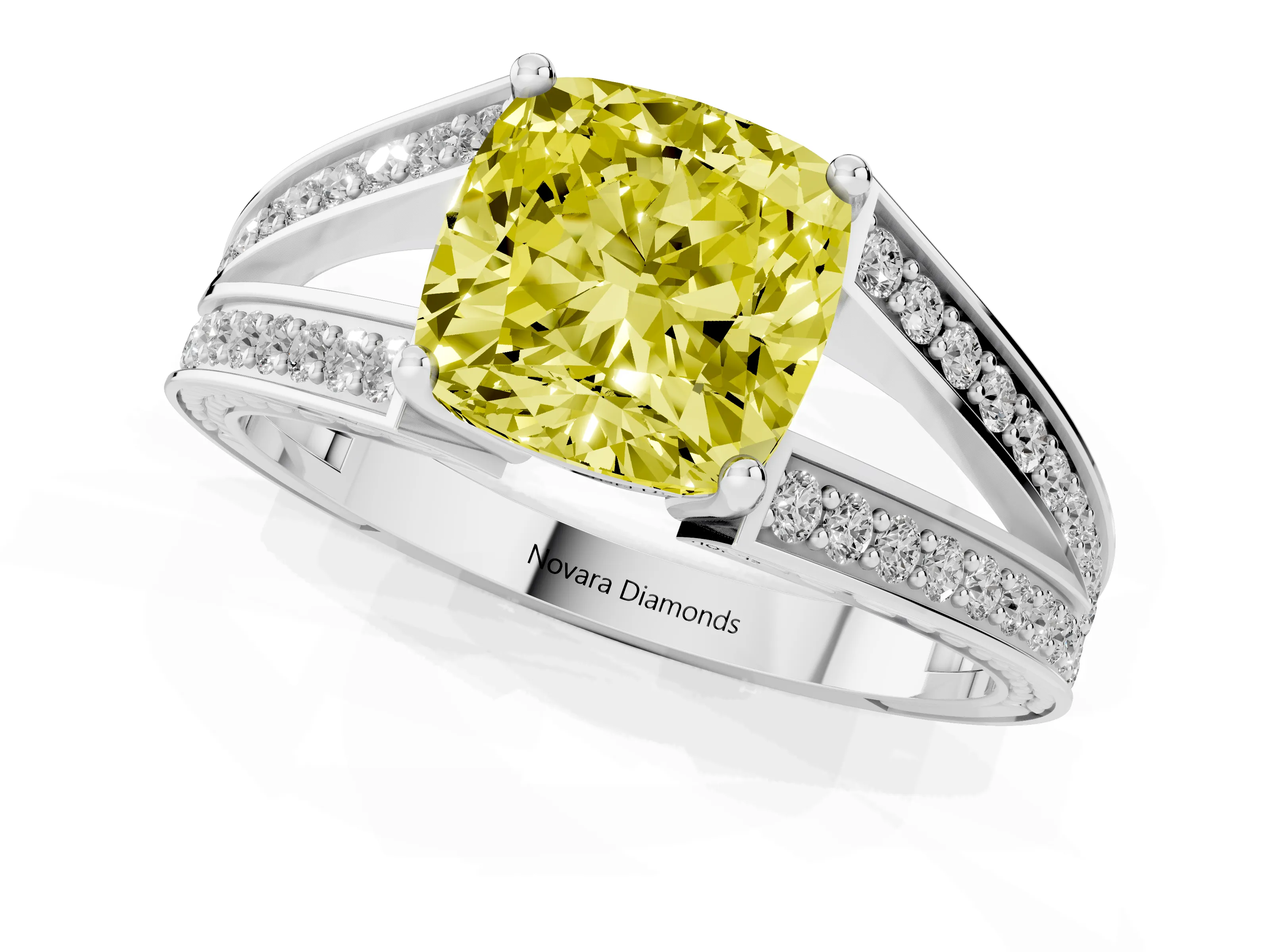 Fancy Yellow Cushion Cut Diamond Split Shank Ring Set in Platinum with Pavé Band and Prong Setting