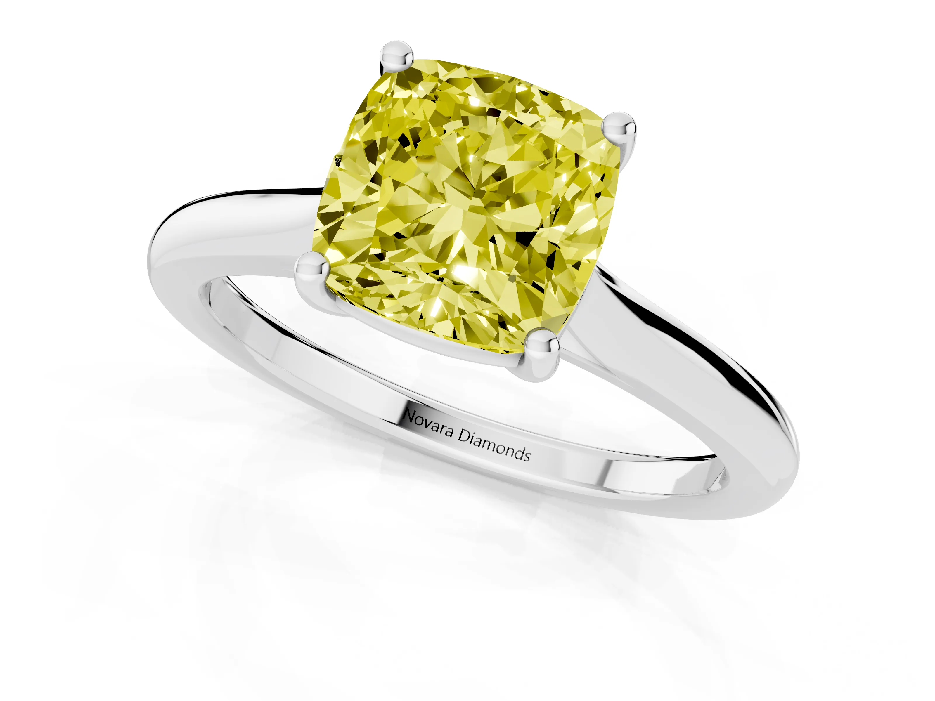 Fancy Yellow Cushion Cut Diamond Solitaire Ring Set in Platinum with Cathedral Band and Prong Setting