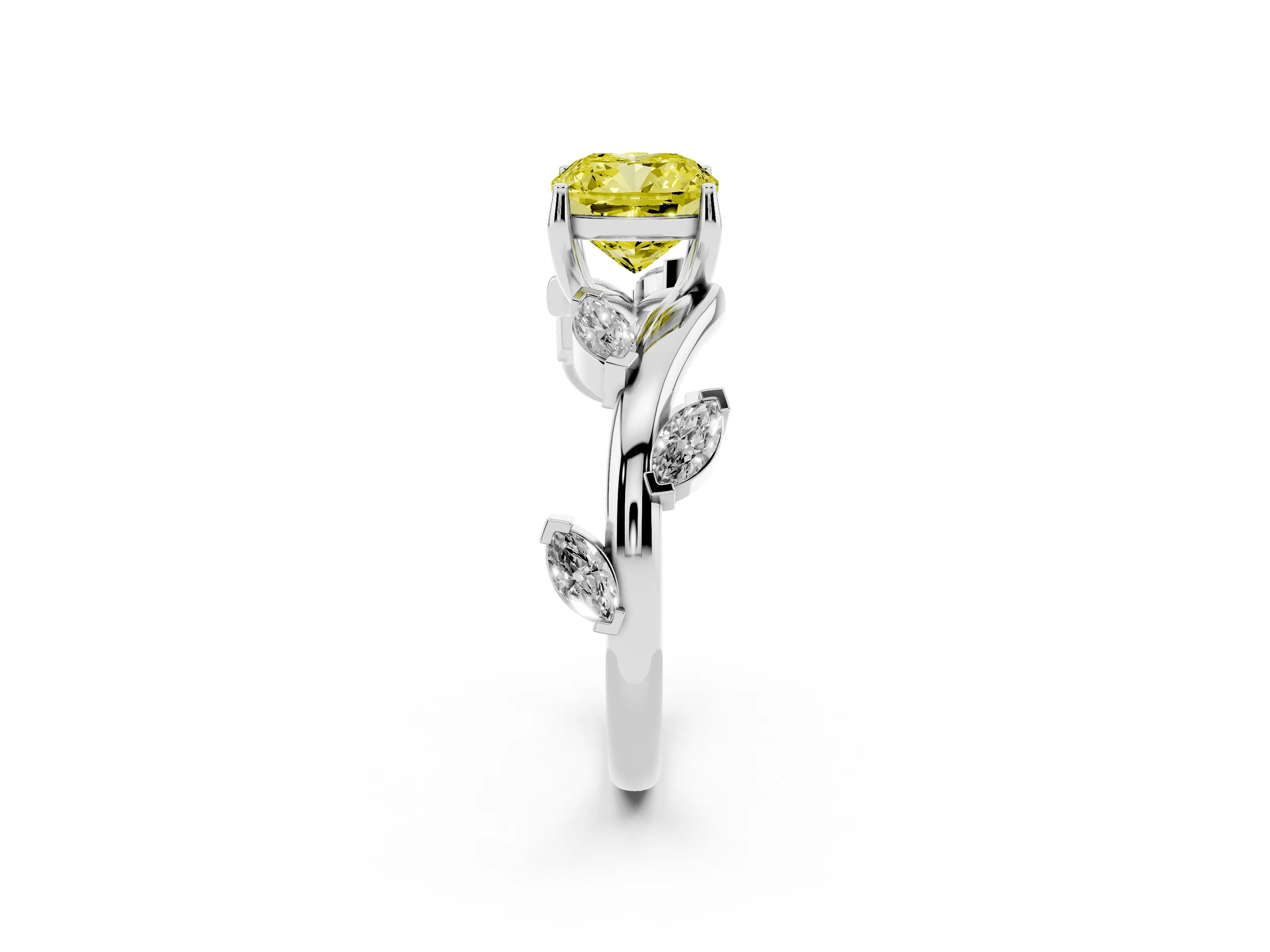 Fancy Yellow Cushion Cut Diamond Solitaire Ring Set in Platinum with Twisted Marquise Accent Band