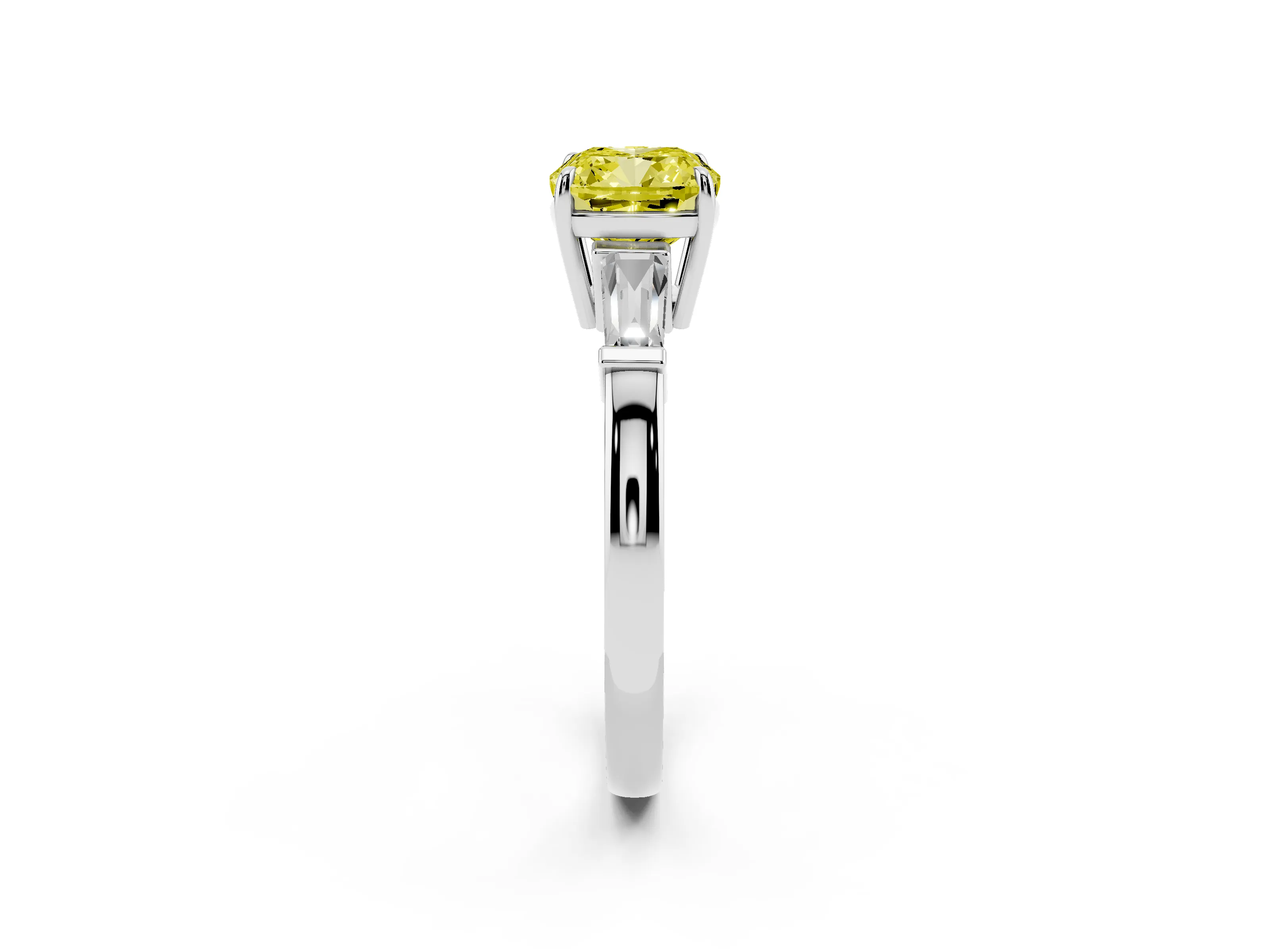 Fancy Yellow Cushion Cut Diamond Three-Stone Ring Set in Platinum with Tapered Baguette Side Stones and Prong Setting
