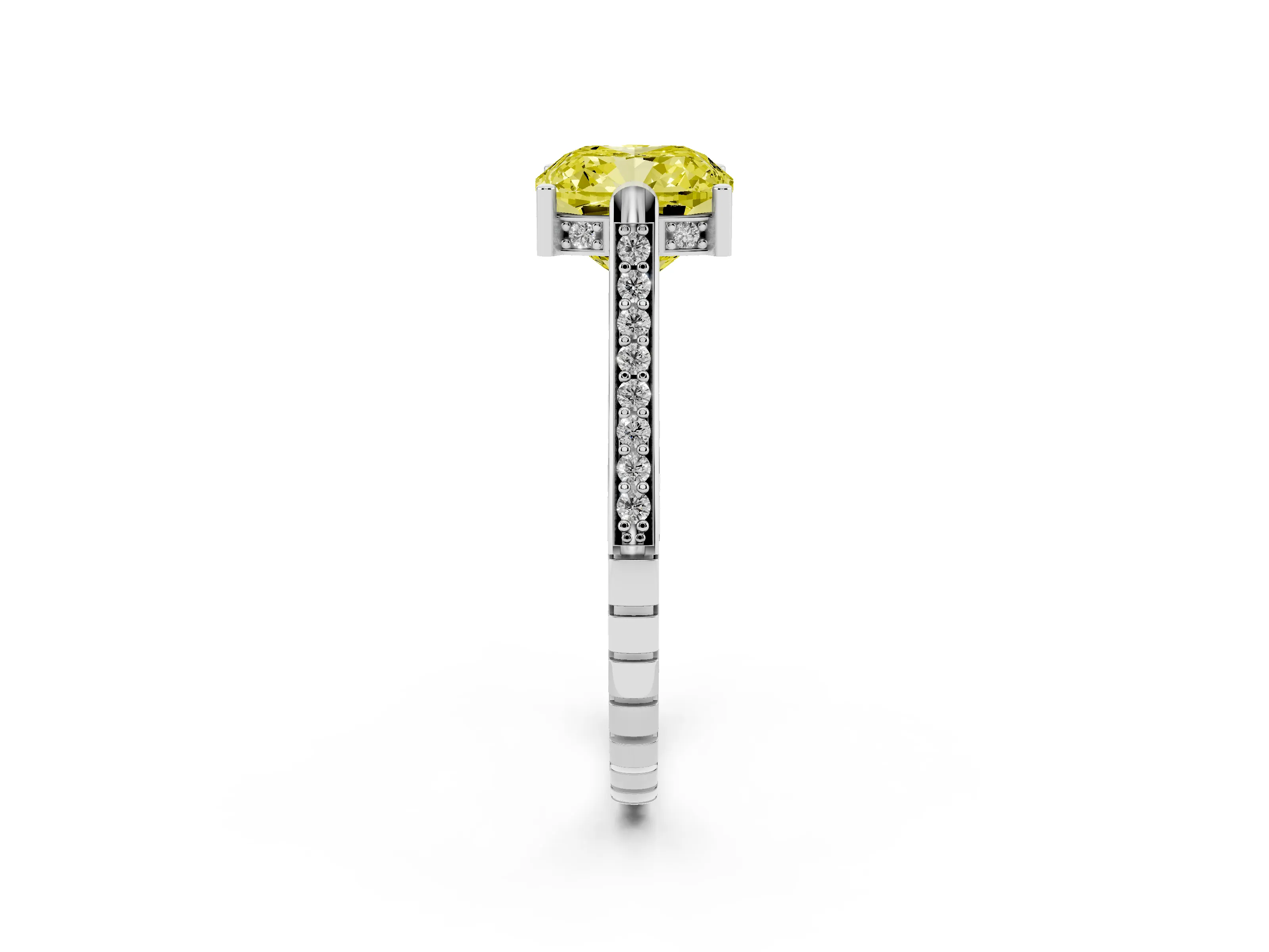 Fancy Yellow Cushion Cut Diamond Solitaire Ring Set in Platinum with Channel Set Band and Bezel Prong Setting