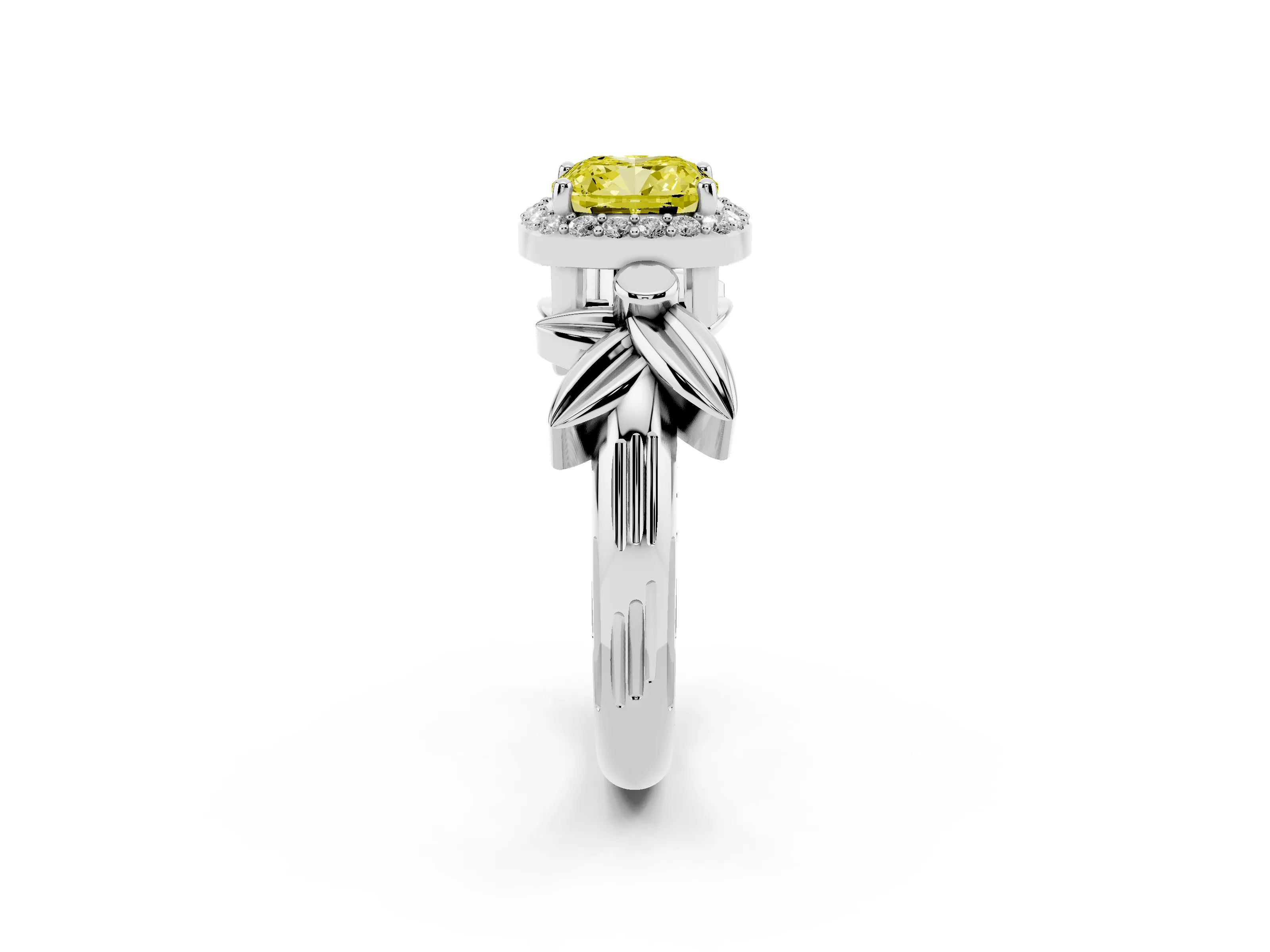 Fancy Yellow Cushion Cut Diamond Halo Floral Band Ring Set in Silver with Prong Setting