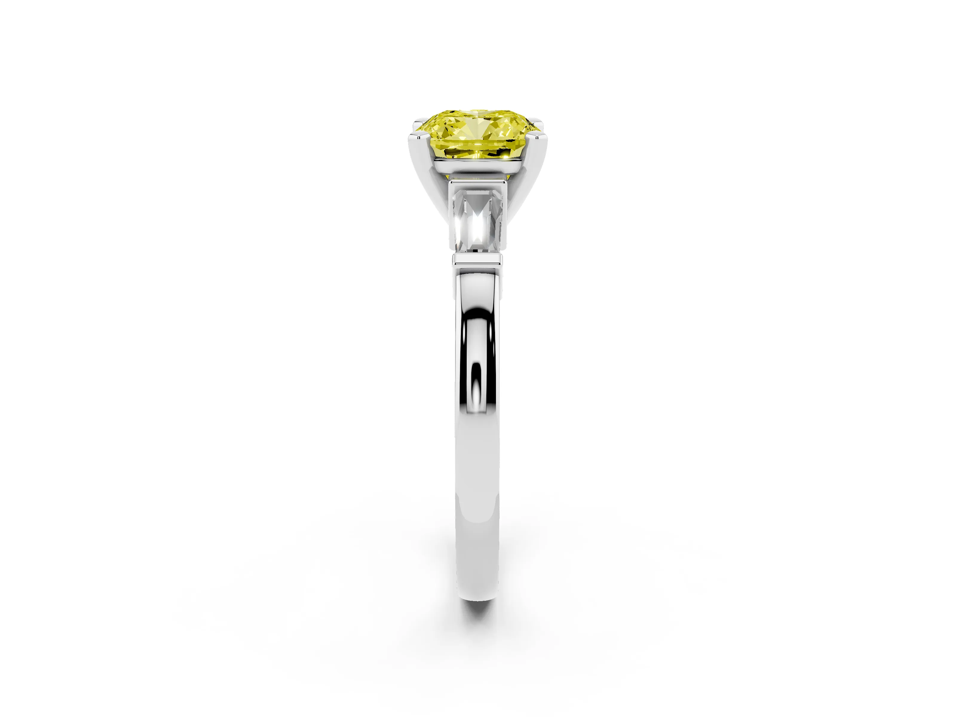 Fancy Yellow Cushion Cut Diamond Solitaire Ring Set in Platinum with Tapered Baguette Accents and Prong Setting