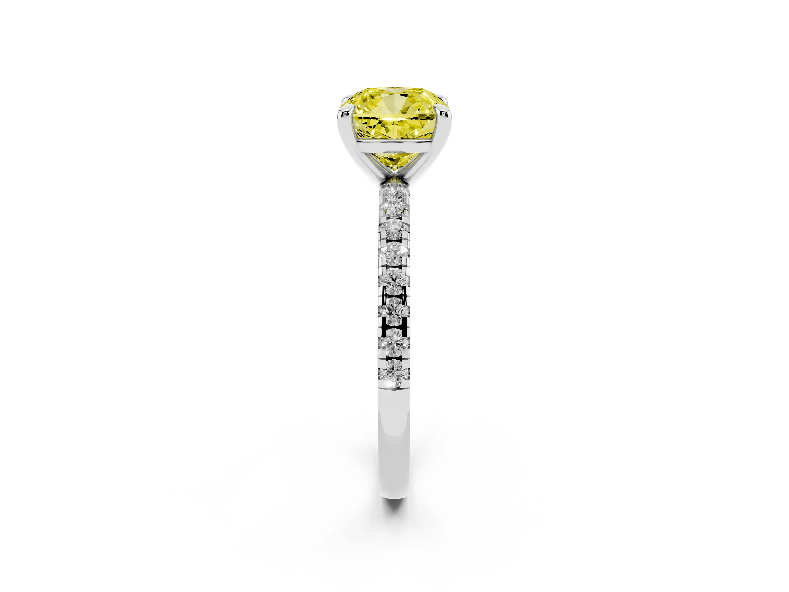 Fancy Yellow Cushion Cut Diamond Brilliant Solitaire Ring Set in Platinum with Pavé Band and Prong Setting