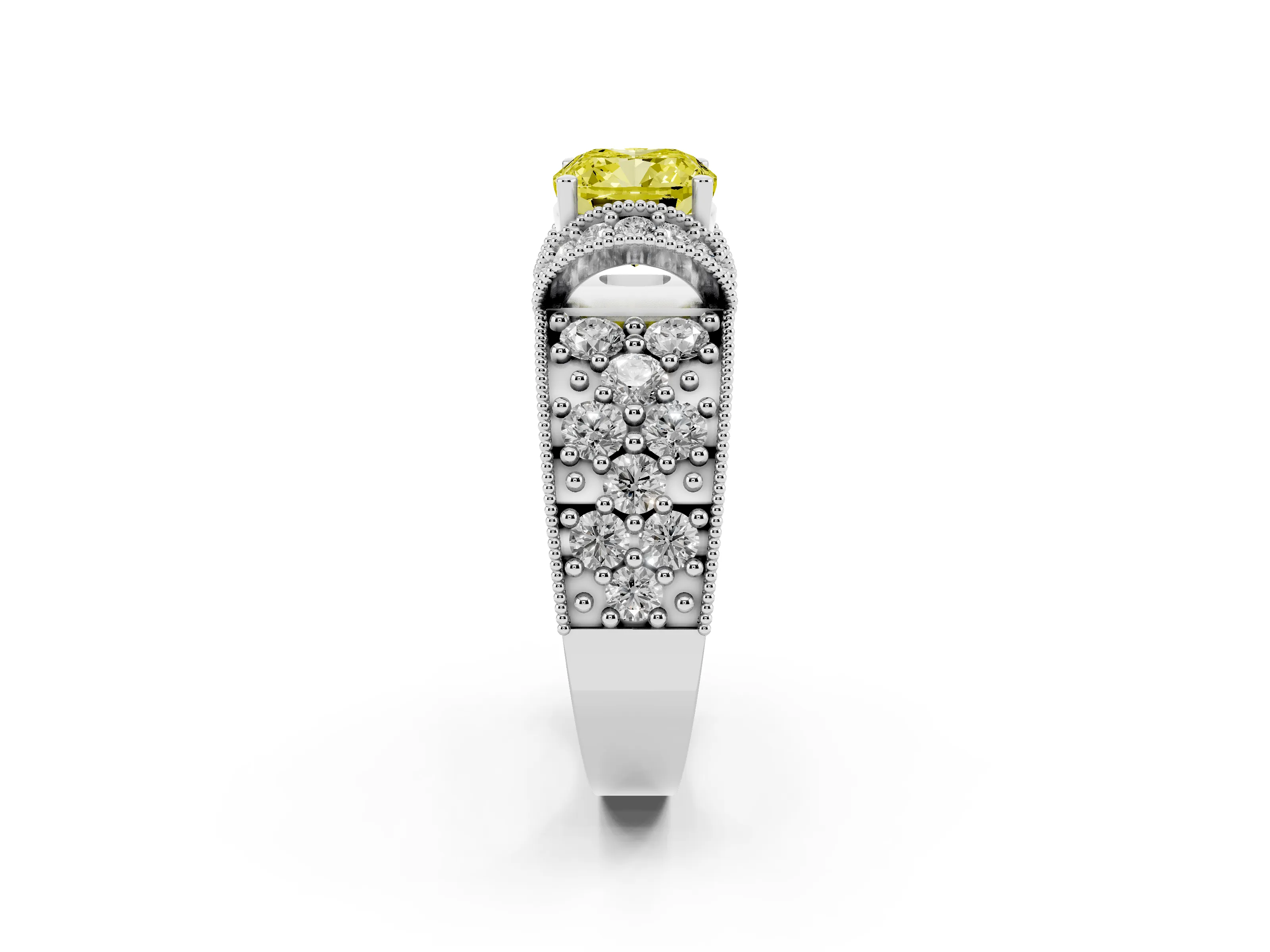 Fancy Yellow Cushion Cut Diamond Milgrain Halo Pavé Engagement Ring Set in Silver with Prong Setting