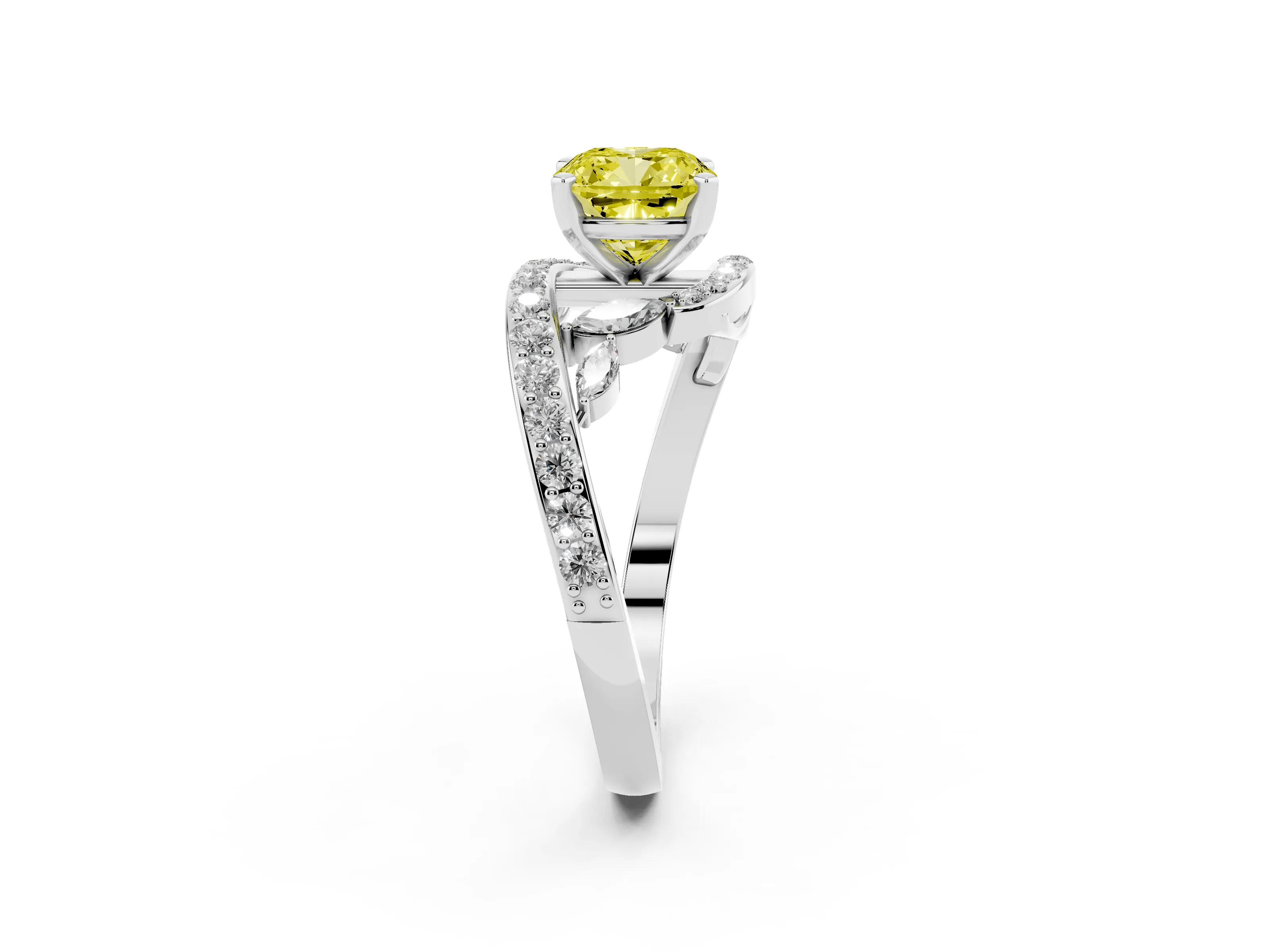 Fancy Yellow Cushion Cut Diamond Solitaire Ring Set in Platinum with Filigree Band and Prong Setting