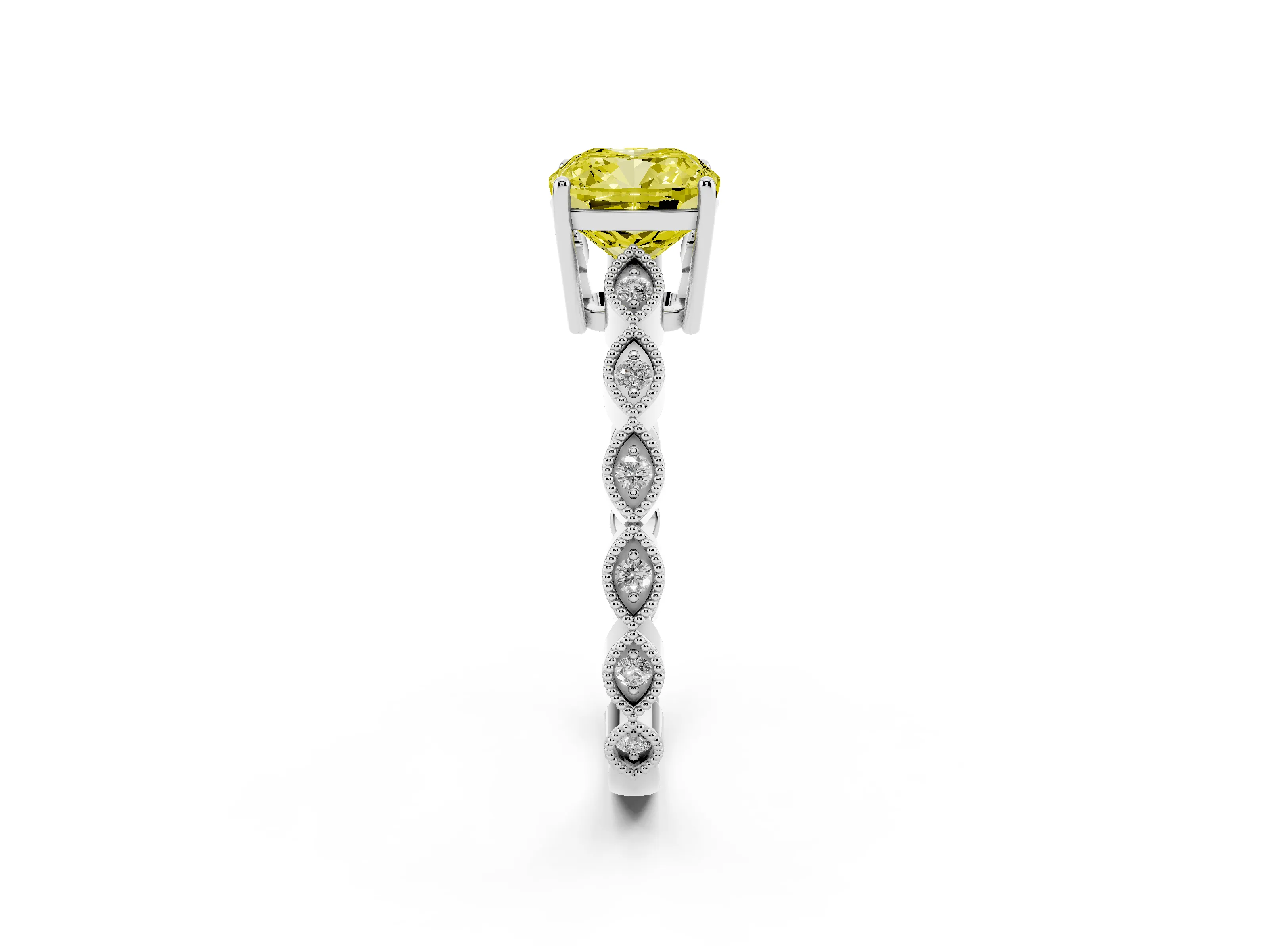 Fancy Yellow Cushion Cut Diamond Solitaire Ring Set in White gold with Infinity Twist Pavé Band