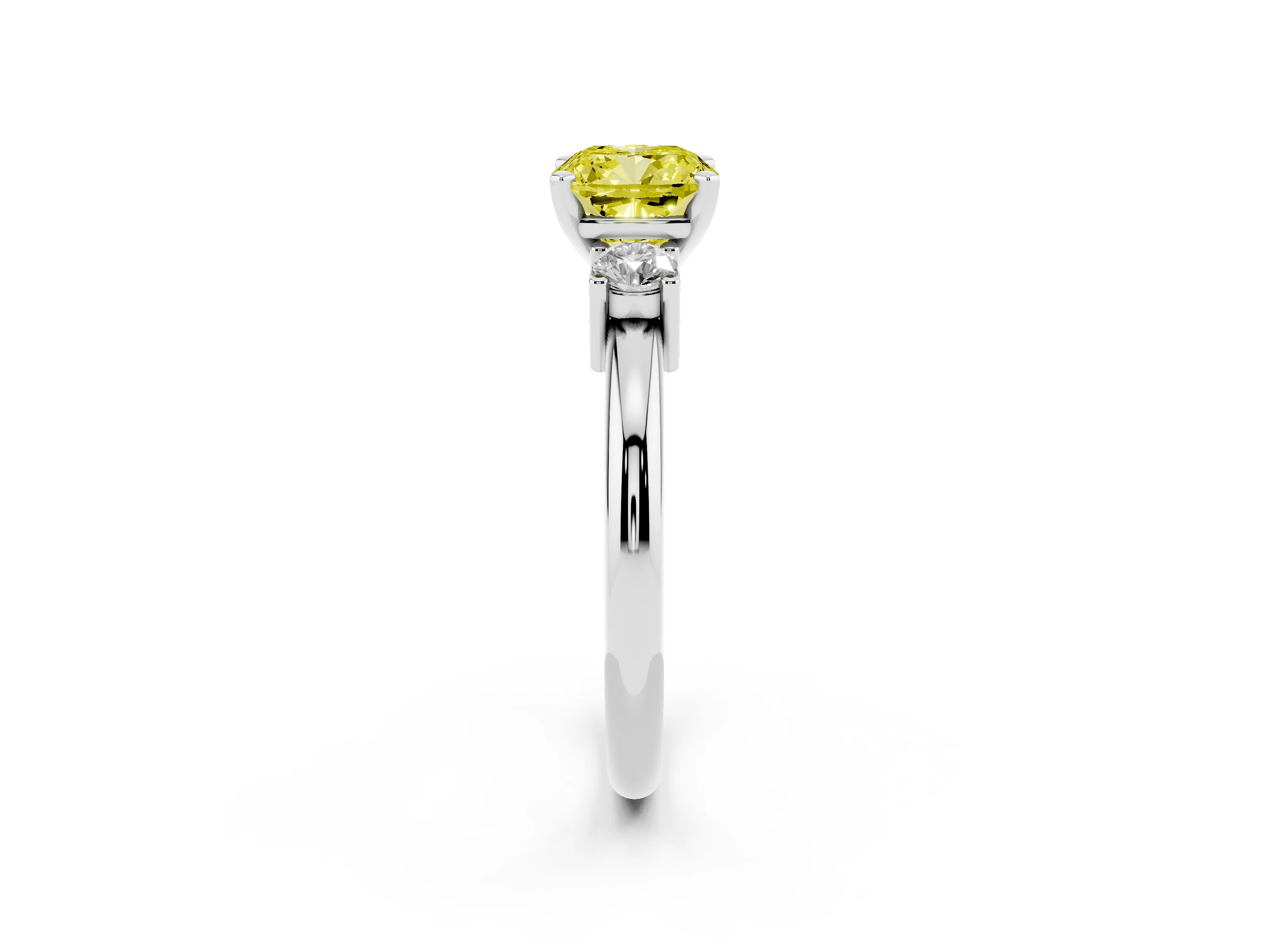 Fancy Yellow Three-Stone Cushion Cut Diamond Ring Set in Platinum with Prong Setting and Plain Band