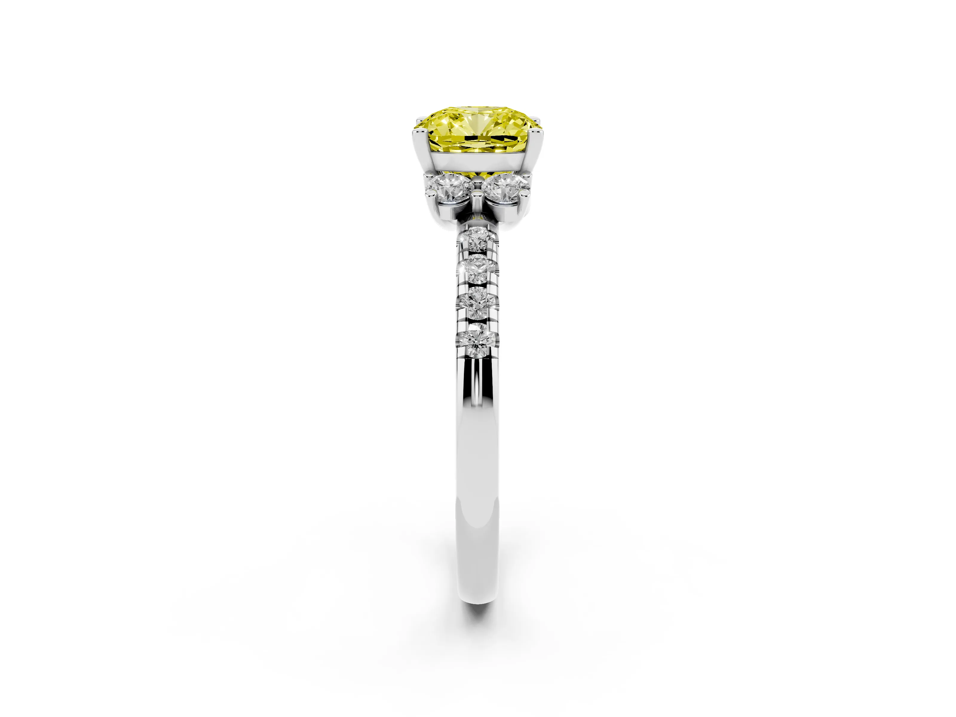 Fancy Yellow Cushion Cut Diamond Three-Stone Pavé Ring Set in Silver with Prong Setting