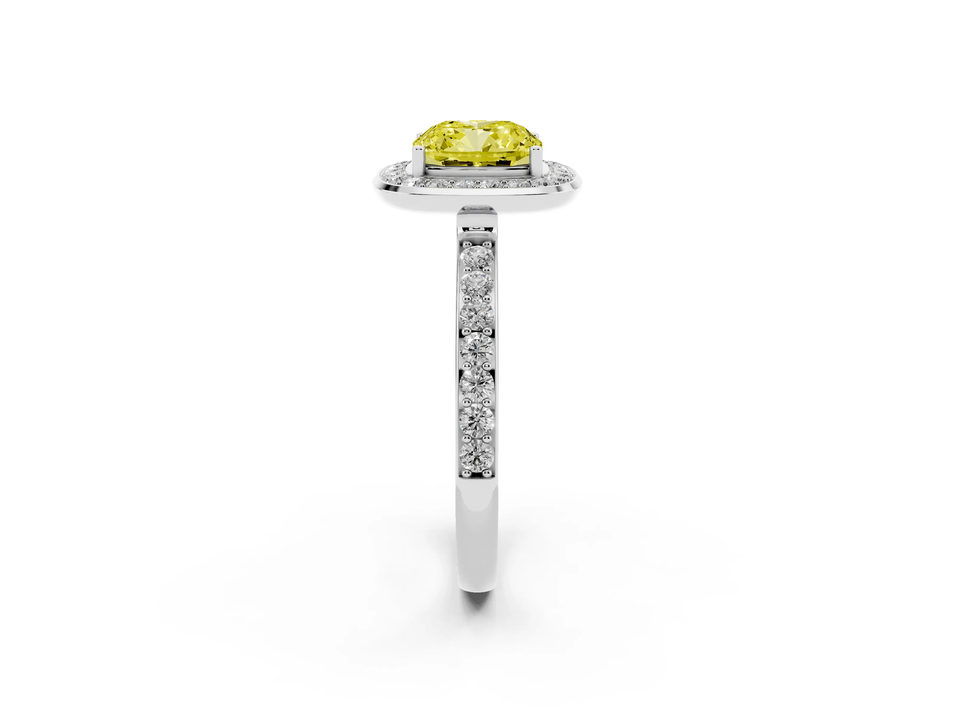 Fancy Yellow Cushion Cut Diamond Halo Ring Set in White gold with Bezel Frame and Pavé Band