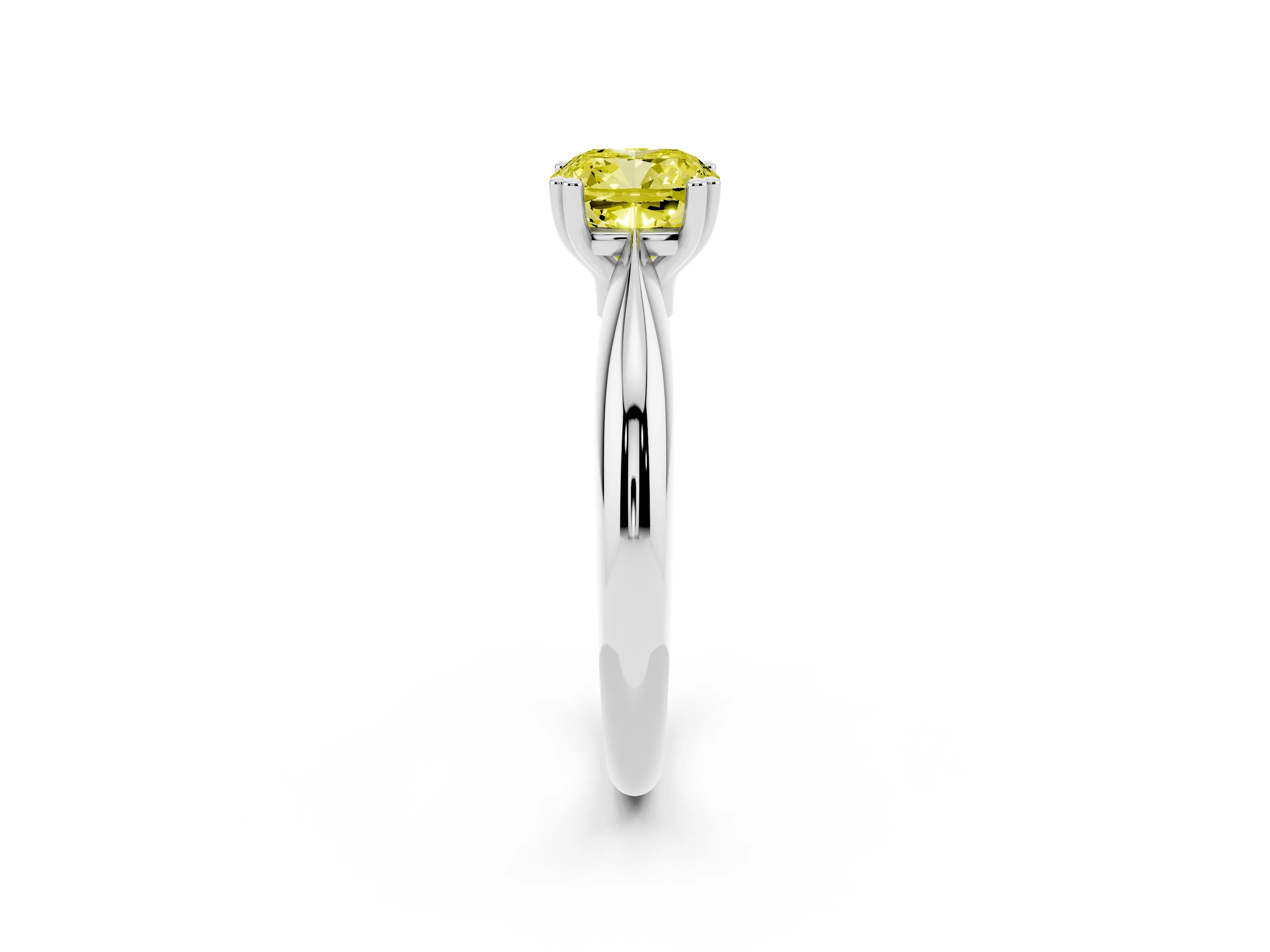 Fancy Yellow Cushion Cut Diamond Solitaire Engagement Ring Set in White gold with Tapered Band and Prong Setting