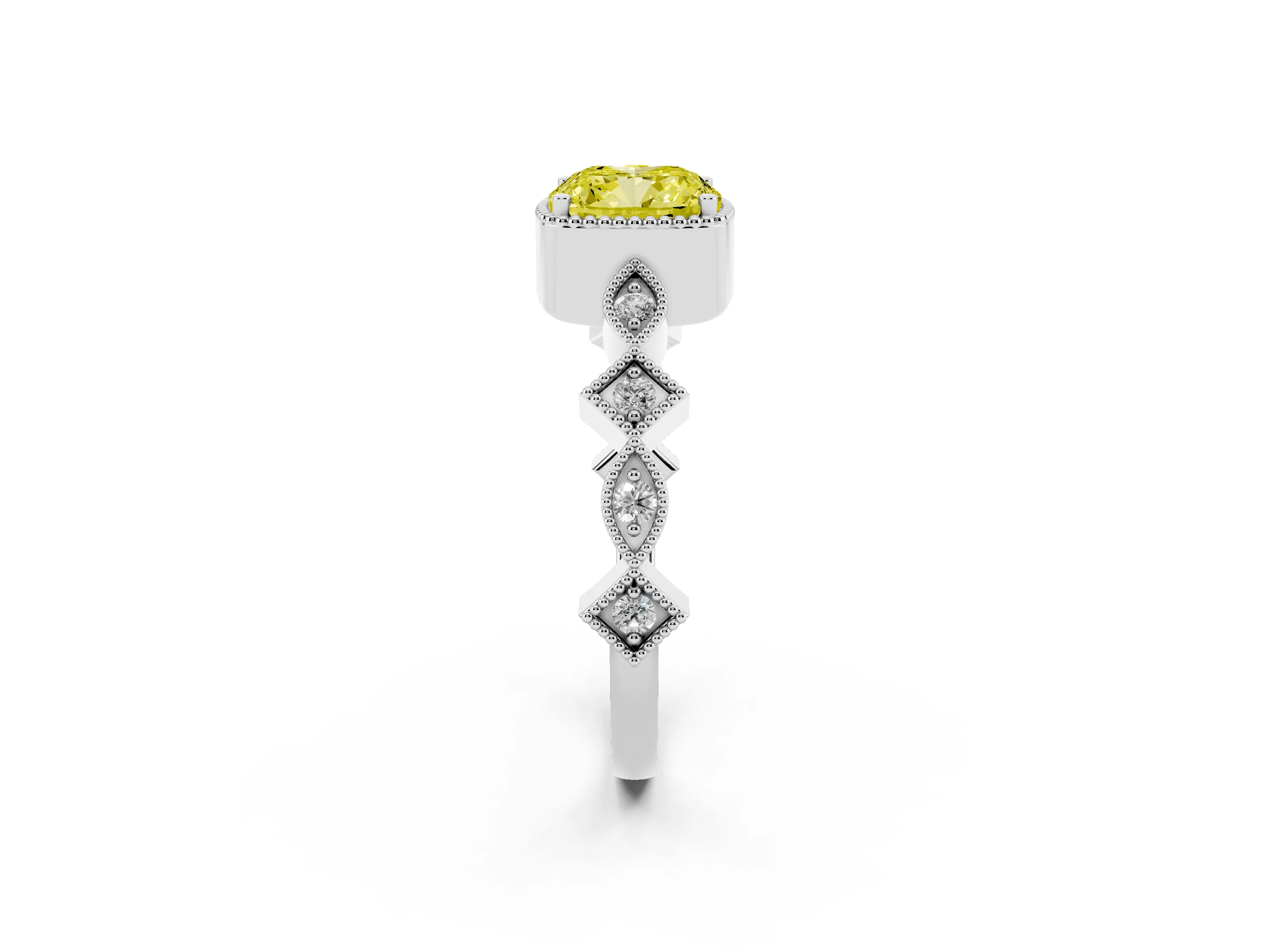 Fancy Yellow Cushion Cut Diamond Milgrain Marquise Twist Band Ring Set in White gold with Prong Setting