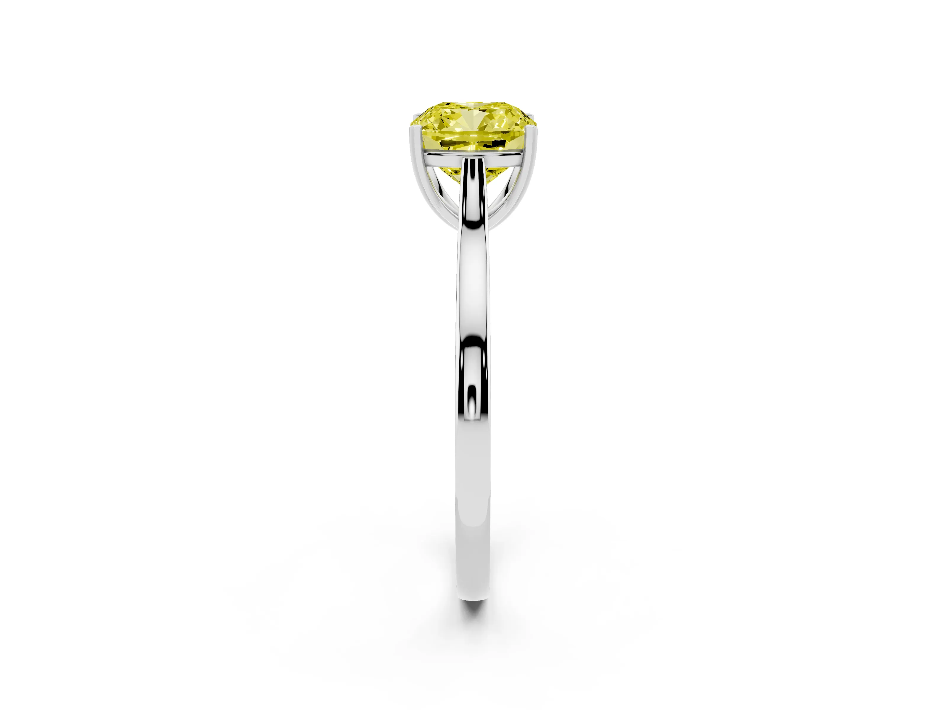 Fancy Yellow Cushion Cut Diamond Solitaire Heart Prong Engagement Ring Set in White gold with Tapered Band