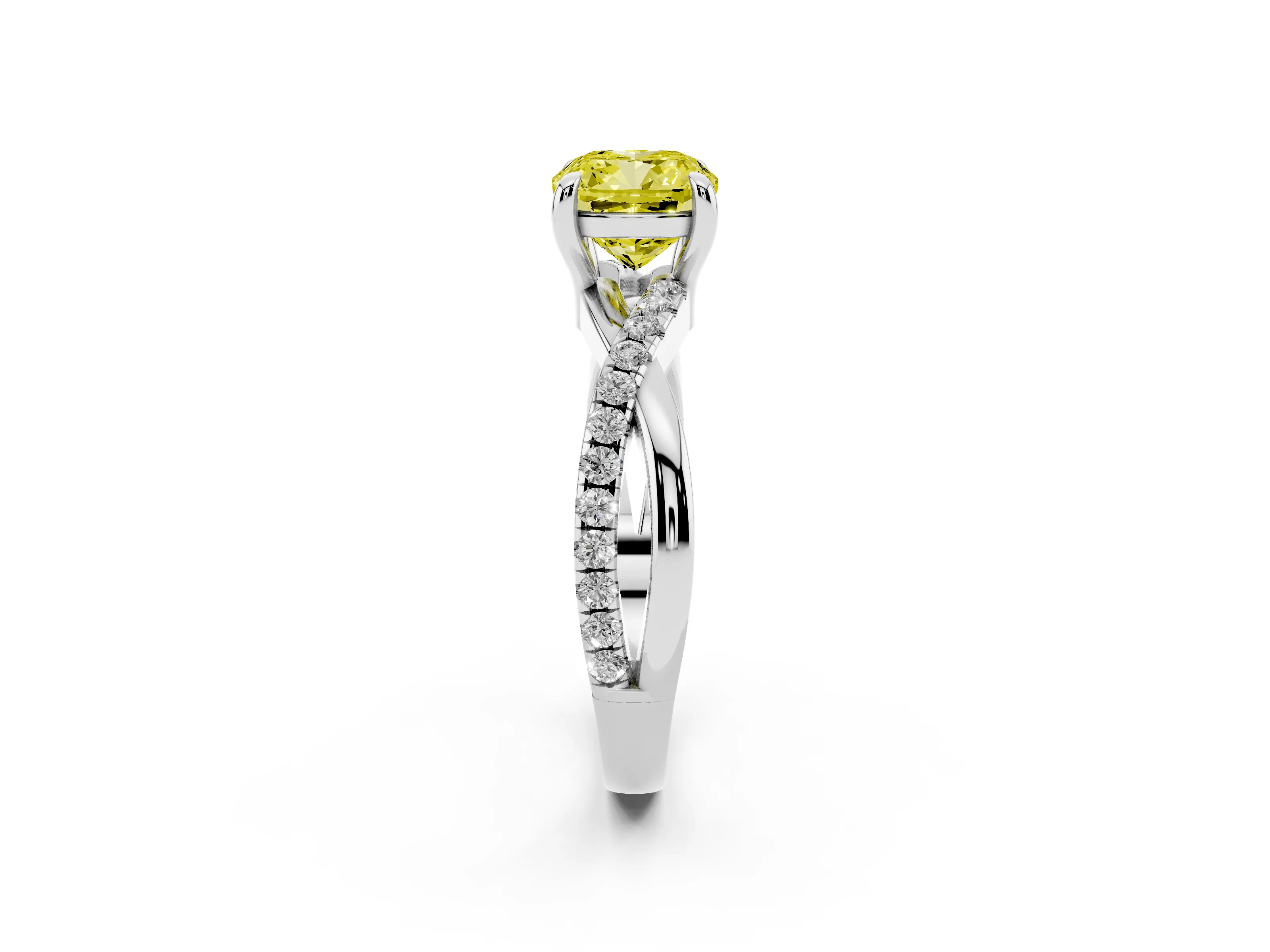 Fancy Yellow Cushion Cut Diamond Twist Band Pavé Solitaire Ring Set in Silver with Prong Setting