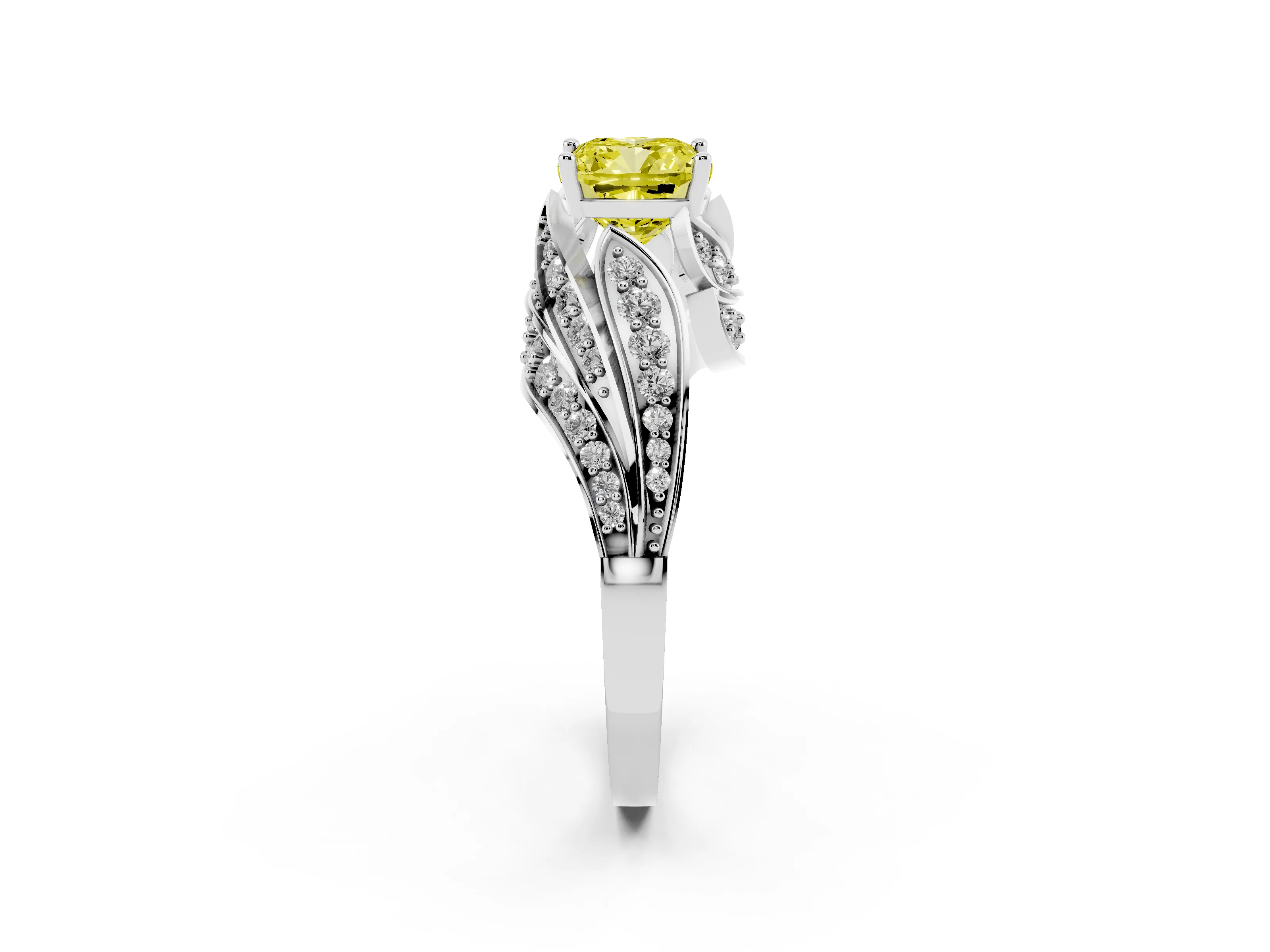 Fancy Yellow Cushion Cut Diamond Solitaire Ring Set in Silver with Layered Twist Pavé Band