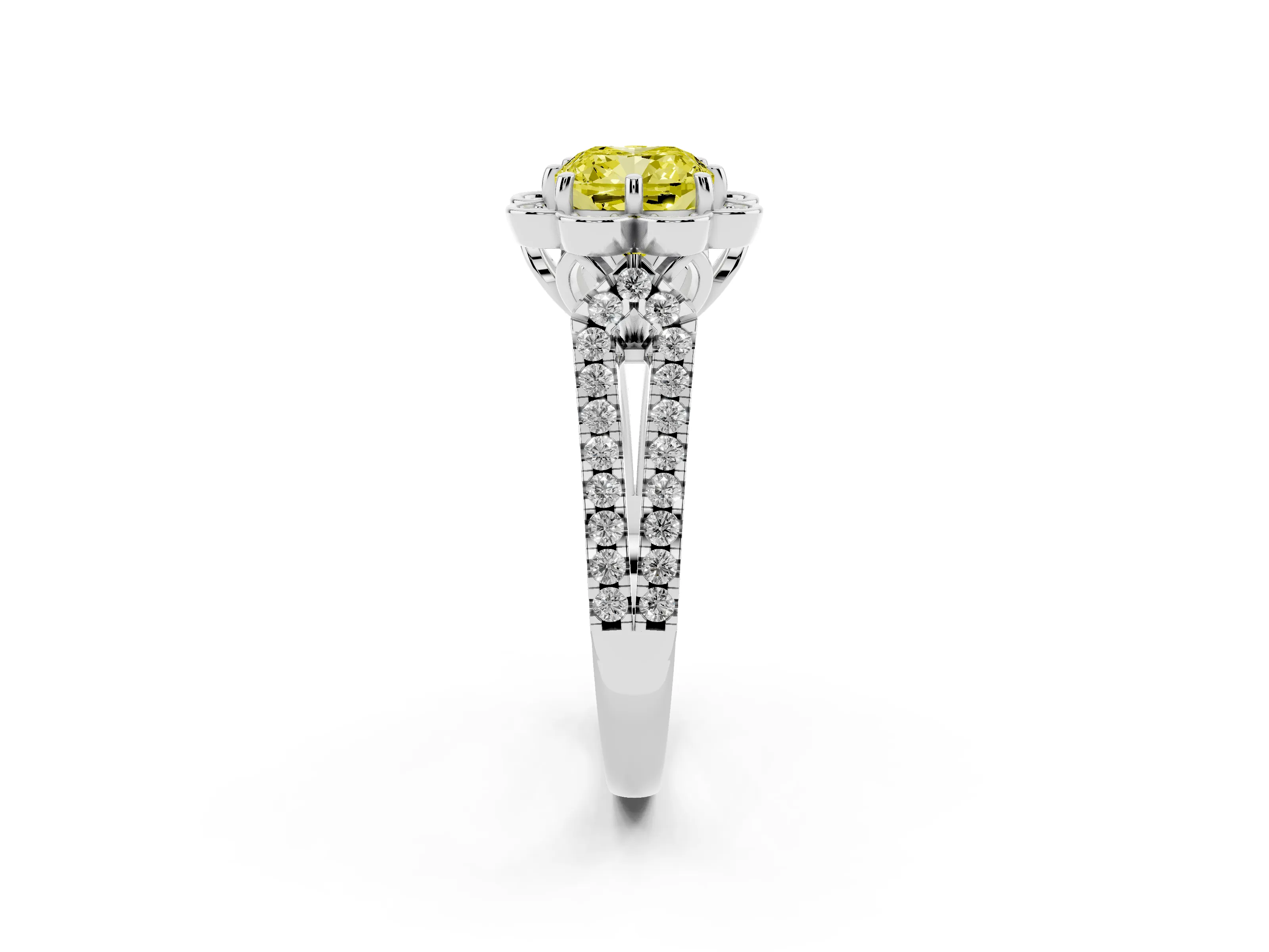 Fancy Yellow Cushion Cut Diamond Floral Halo Split Shank Engagement Ring Set in Silver with Pavé Shank