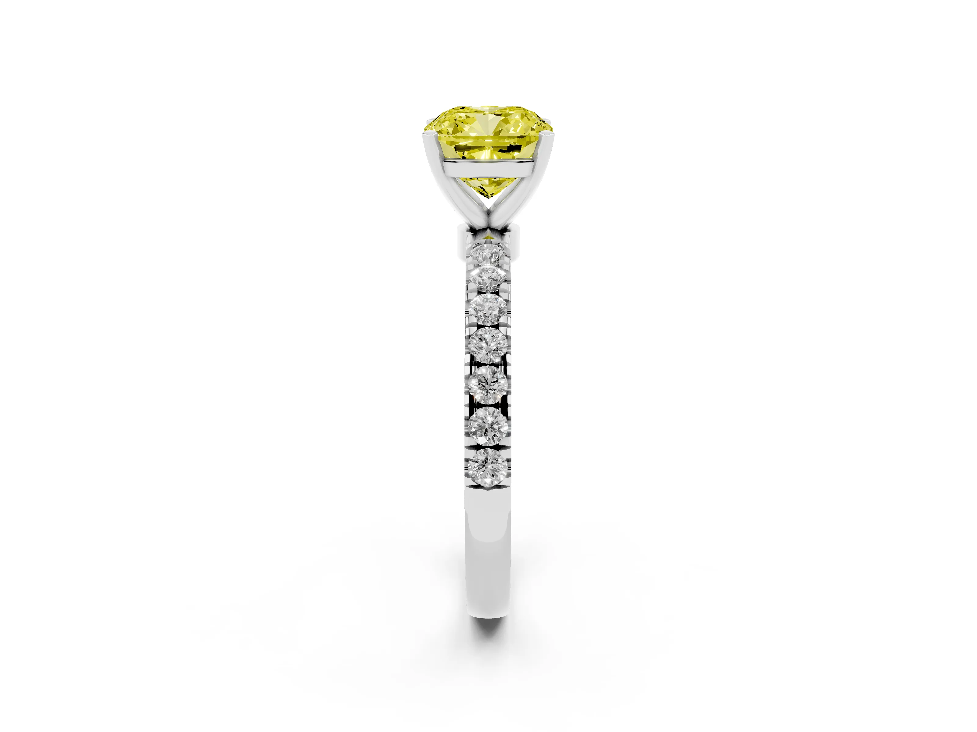 Fancy Yellow Cushion Cut Diamond Solitaire Ring Set in Silver with Pavé Accents and Prong Setting