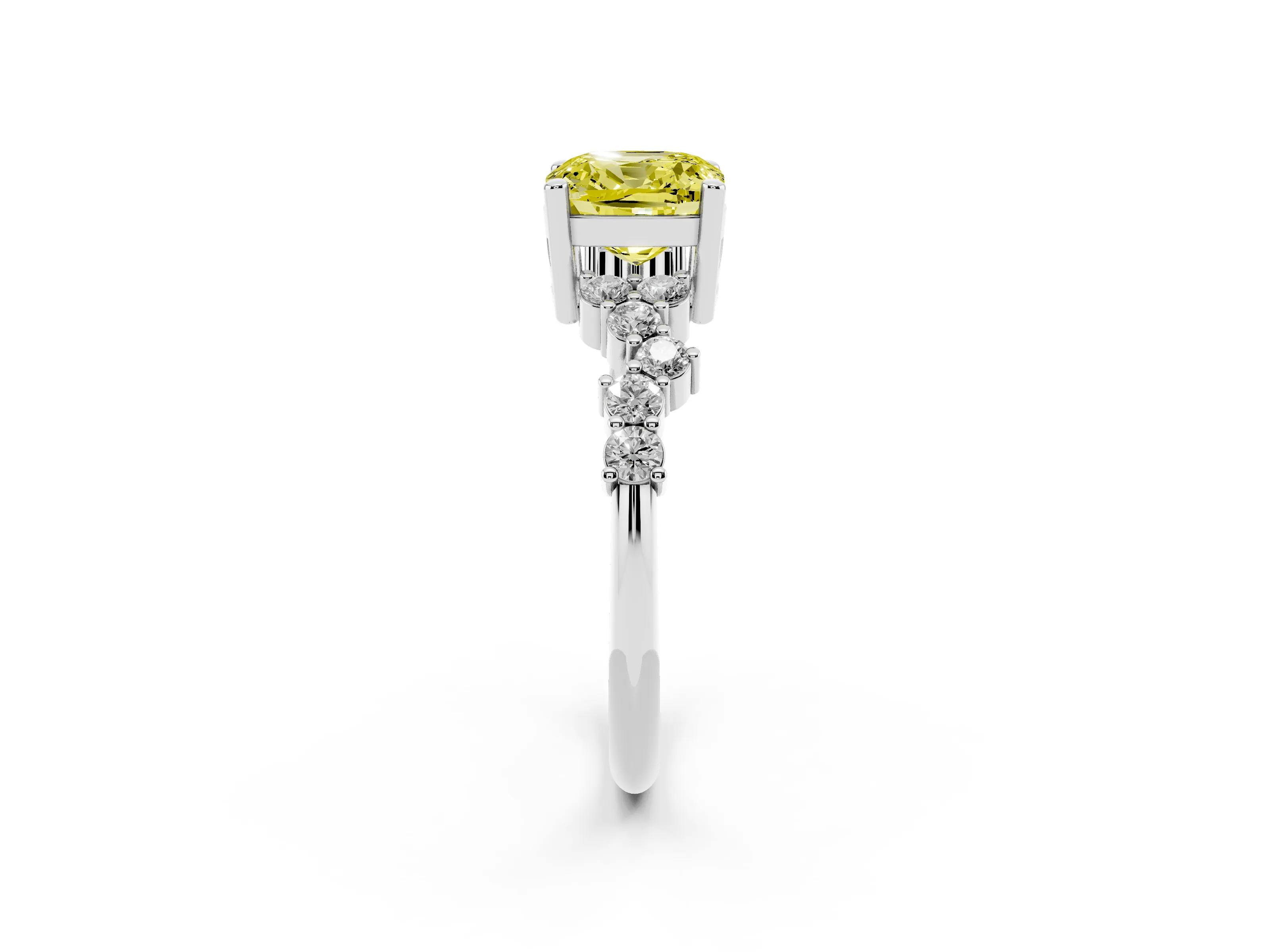 Fancy Yellow Cushion Cut Diamond Ring Set in White gold with Scattered Round Accents